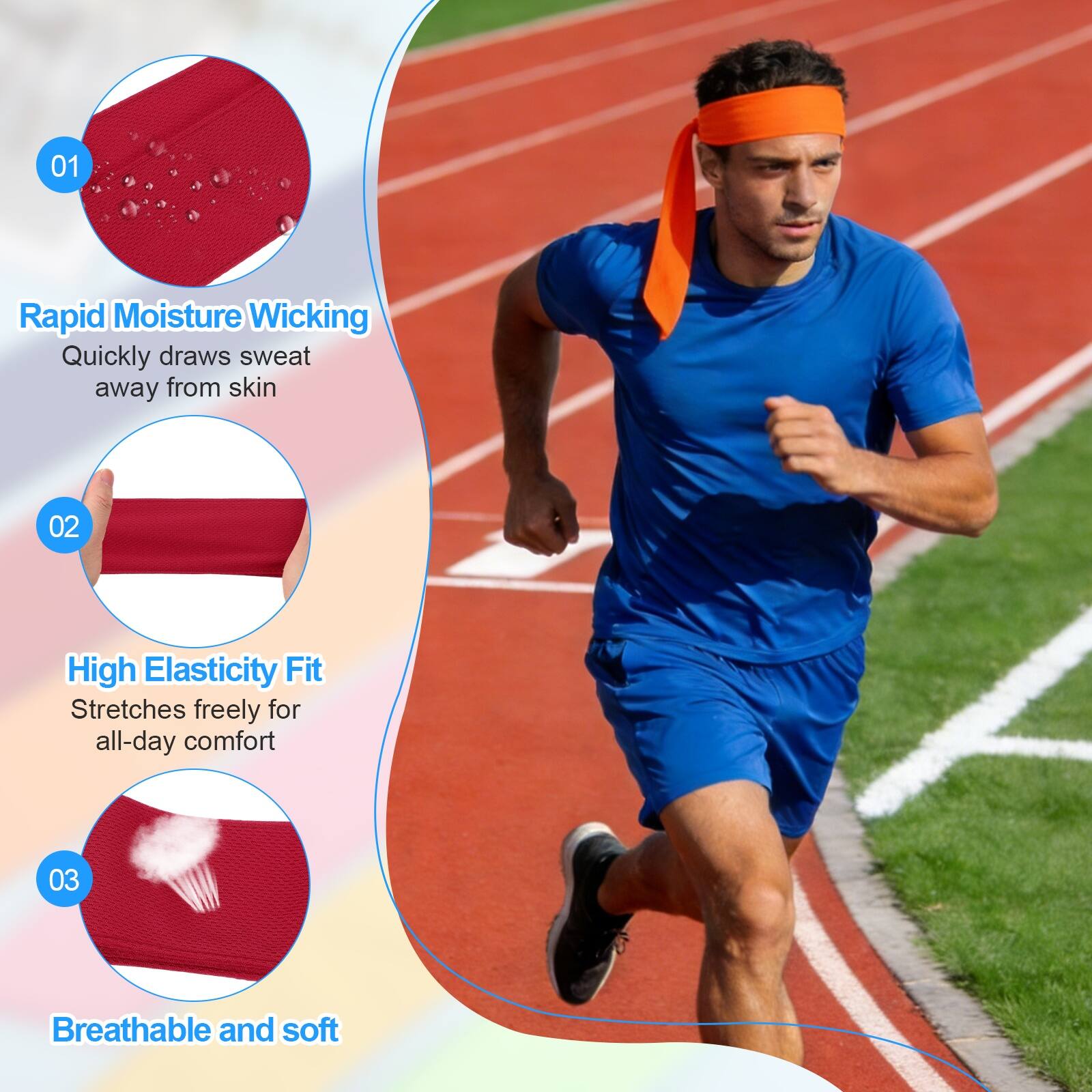 01 Rapid Moisture Wicking: Quickly draws sweat away from skin  
02 High Elasticity Fit: Stretches freely for all-day comfort  
03 Breathable and soft