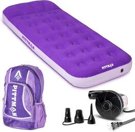 Pittman Outdoors - Kids Air Mattress, 74" x 30" Air Bed w/ Pump & Backpack - Purple
