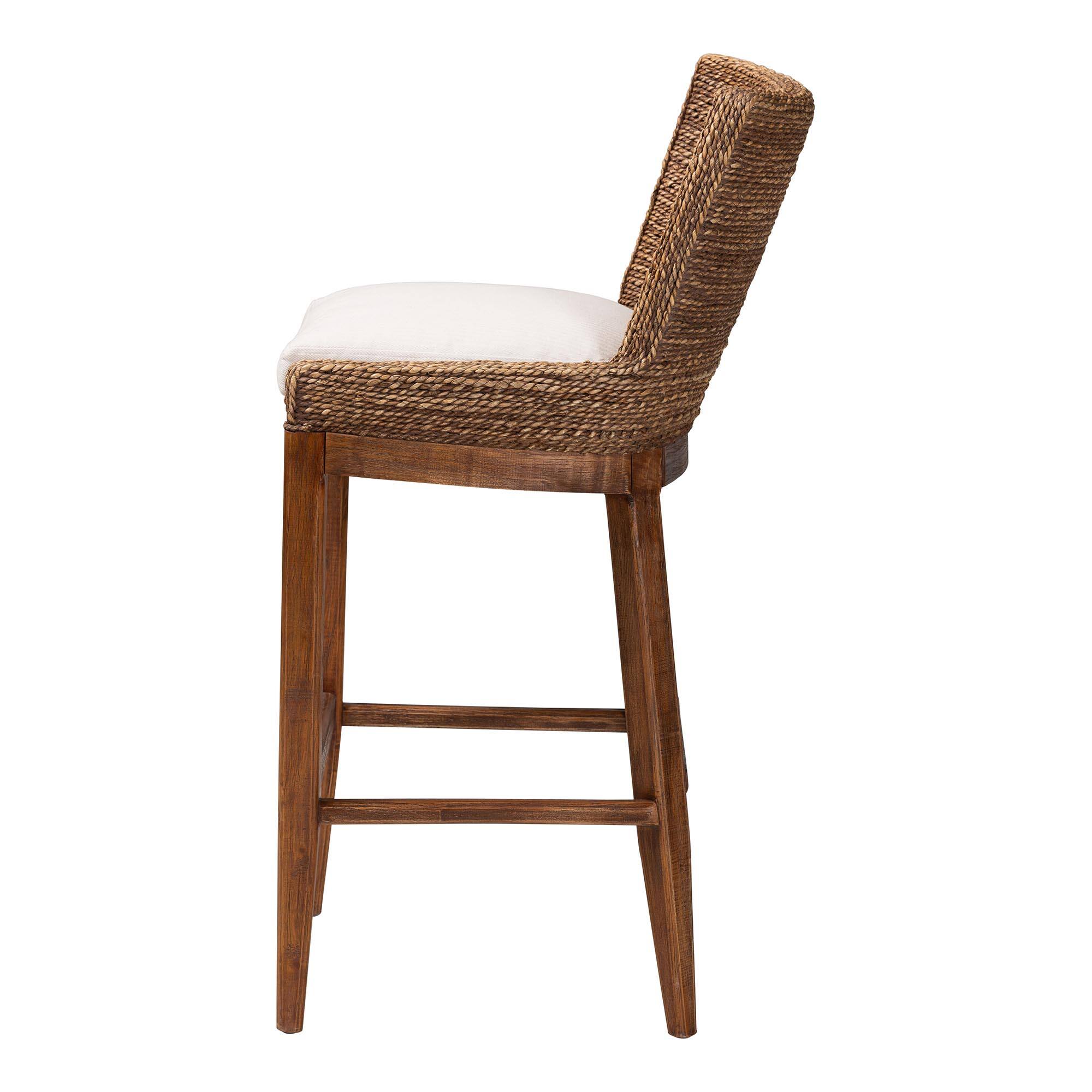 Left. bali & pari - Ridley Seagrass Bar Stool with Mahogany Wood Frame - Seating with Woven Square Back and Cushioned Seat - Brown Wash.