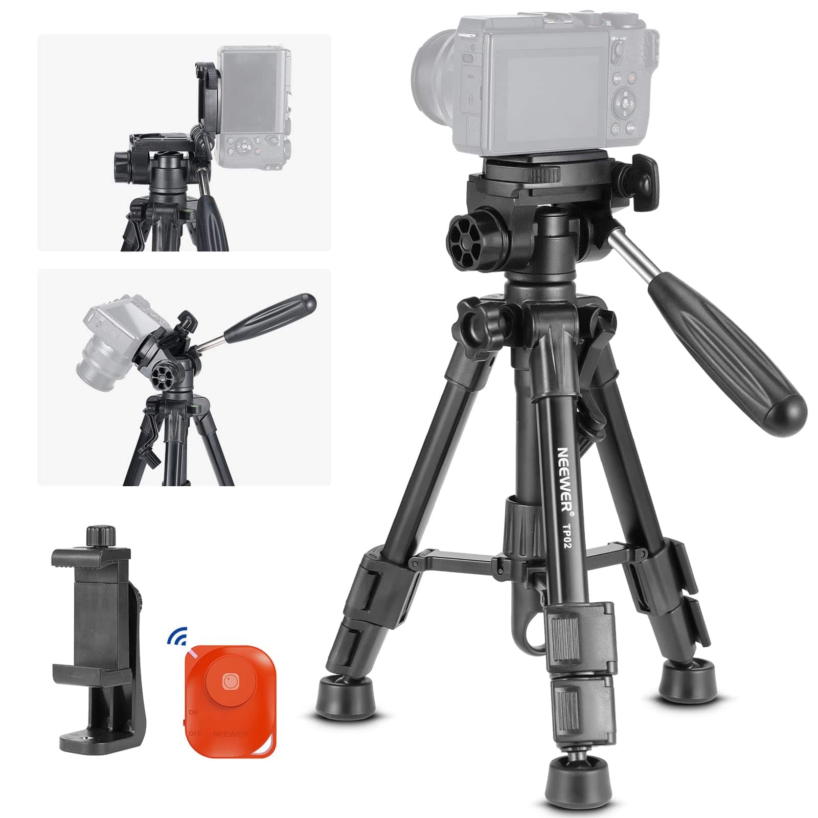 Neewer - Mini Desk Tripod for iPhone & DSLR - with 3-Way Pan Head, Remote & 13lb Load for Video - Black