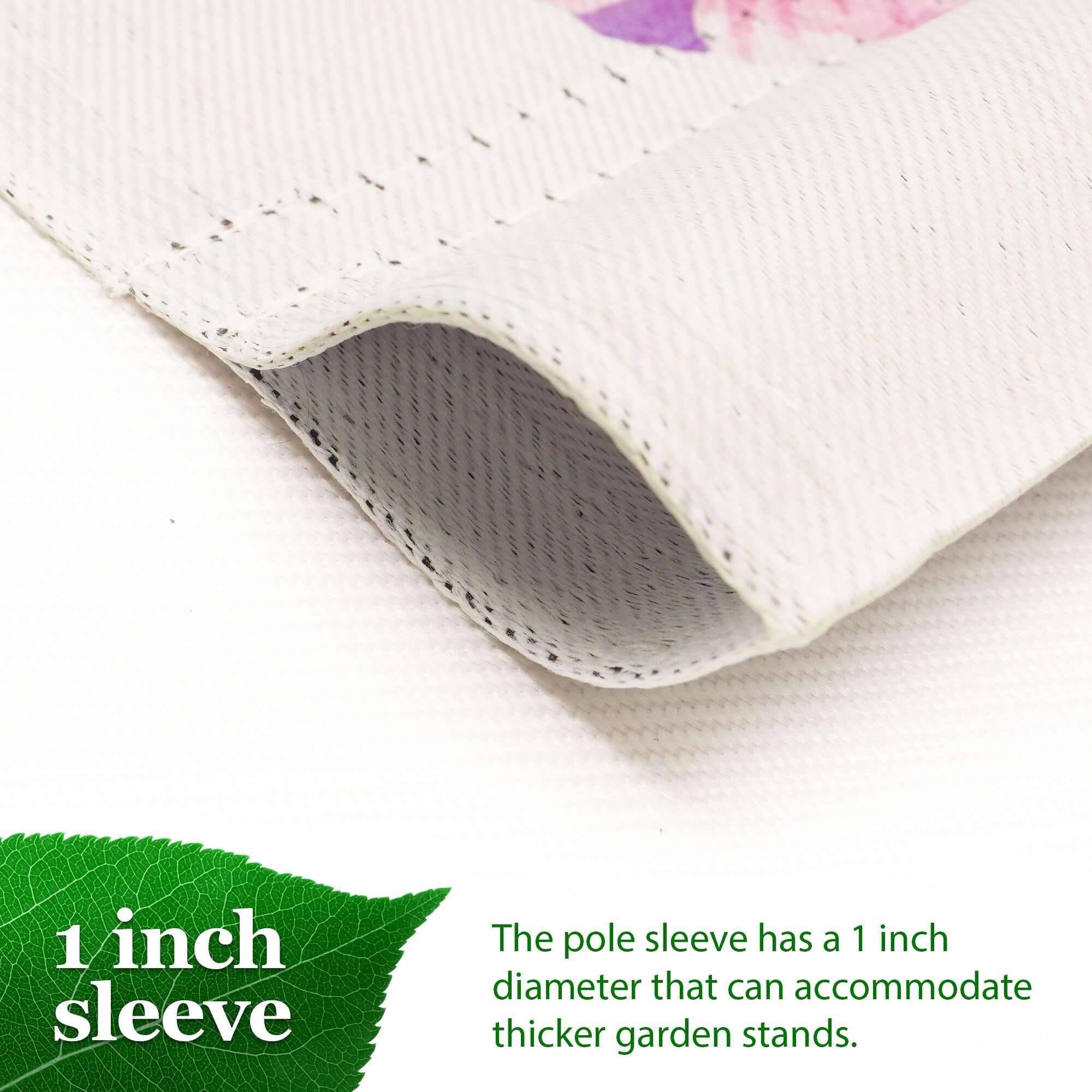 1 inch sleeve

The pole sleeve has a 1 inch diameter that can accommodate thicker garden stands.