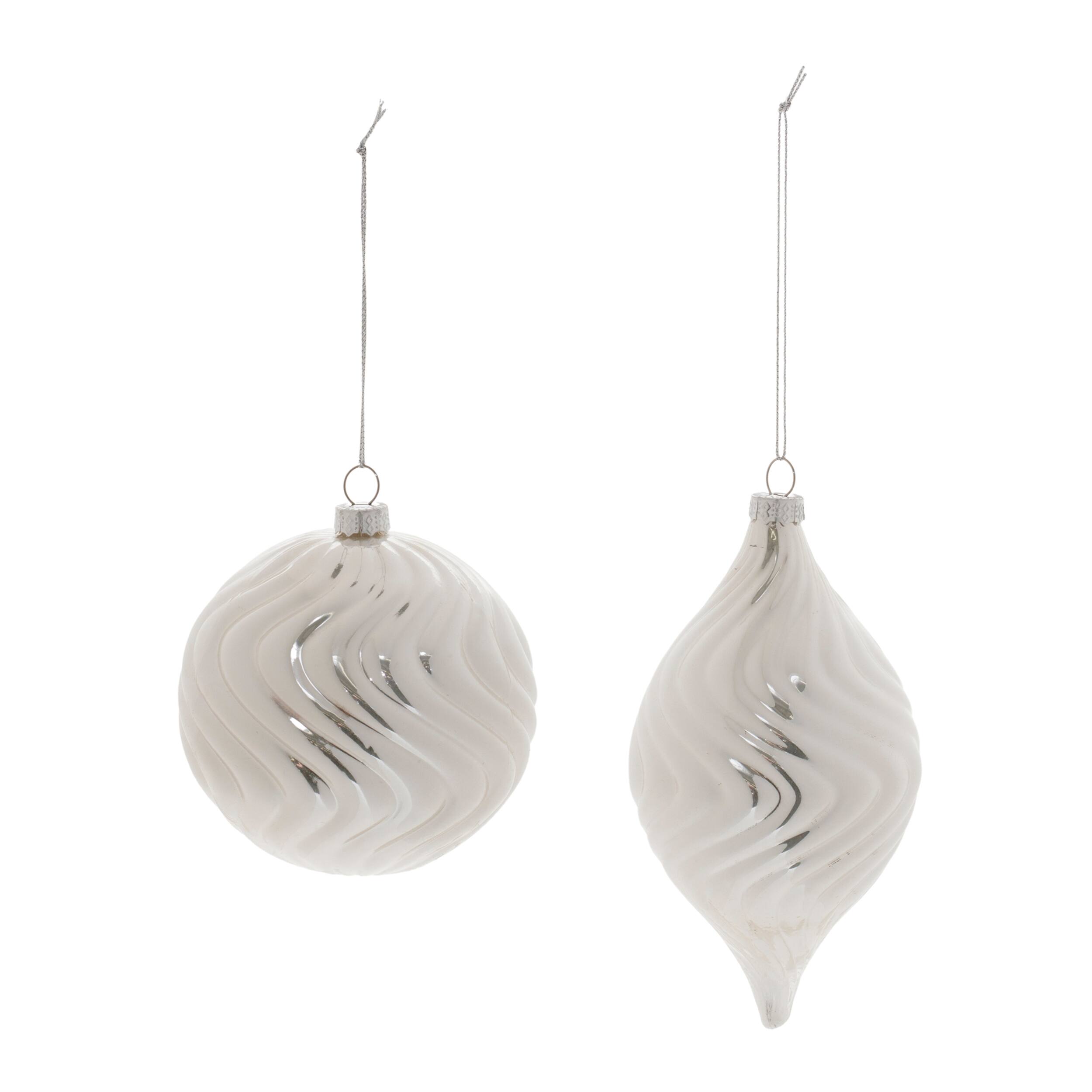 Angle. BreeBe - Ivory Wavy Glass Ornament (Set of 6) - Silver.