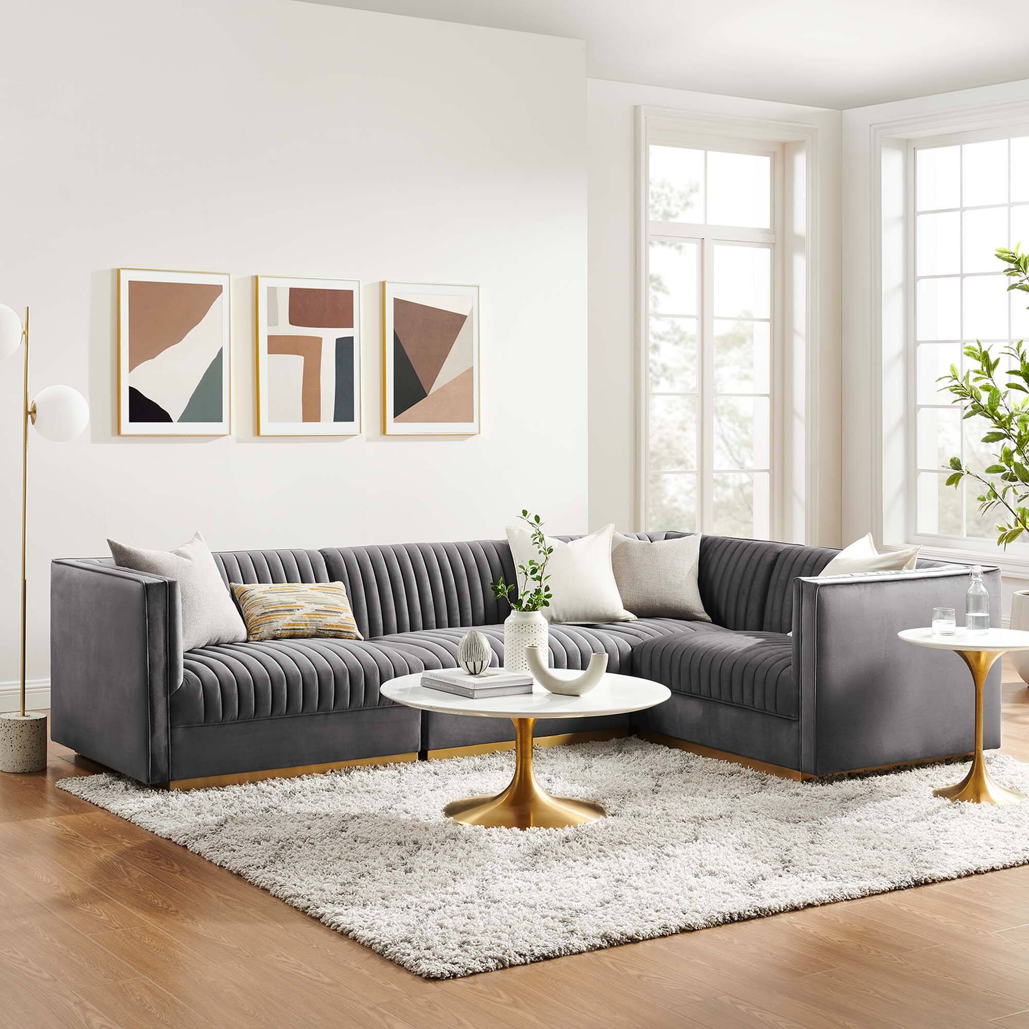Alt View 7. Modway - Sanguine 4-Piece Channel Tufted Performance Velvet Right-Facing Modular Sectional Sofa by Modway - Gray.