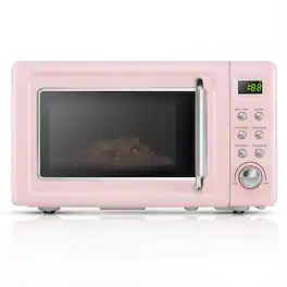 Costway - 0.7 Cu.ft Retro Countertop Microwave Oven 700W LED Display Glass Turntable - Pink