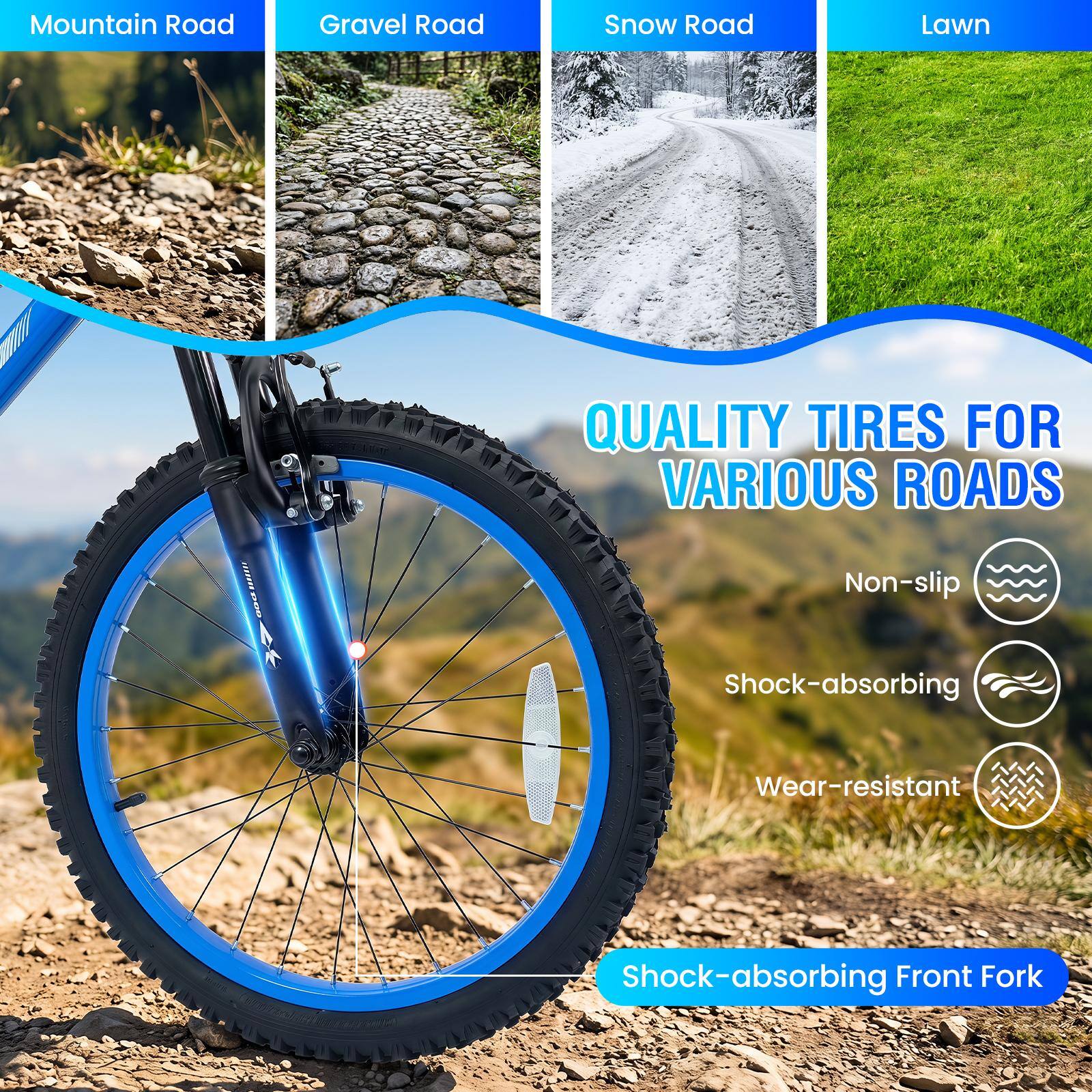 Mountain Road  
Gravel Road  
Snow Road  
Lawn  

QUALITY TIRES FOR VARIOUS ROADS  

Non-slip  
Shock-absorbing  
Wear-resistant  

Shock-absorbing Front Fork