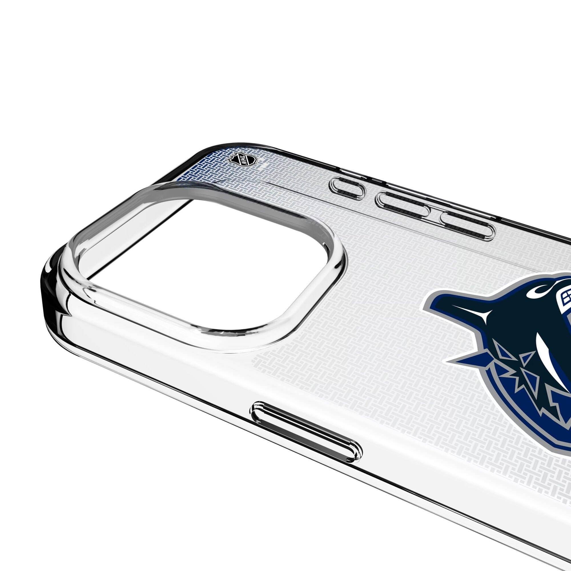 Alt View 2. Keyscaper - Vancouver Canucks Linen Logo iPhone Clear Case - 15 Plus - Multicolor.