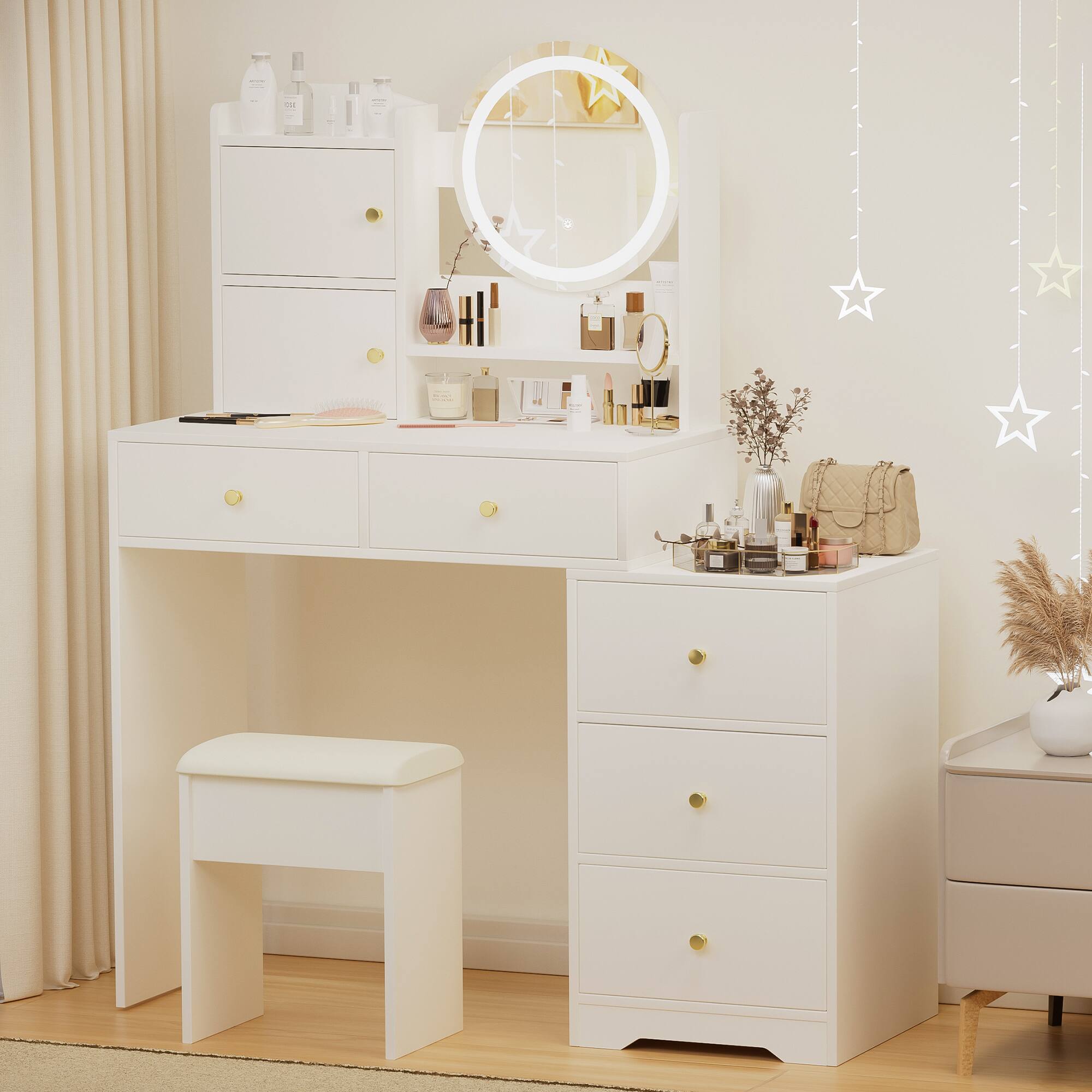 Alt View 1. Ecooso - Makeup Vanity Desk with Mirror and Lights, 2 Drawers, Shelves, Power Outlet, Stool - White.