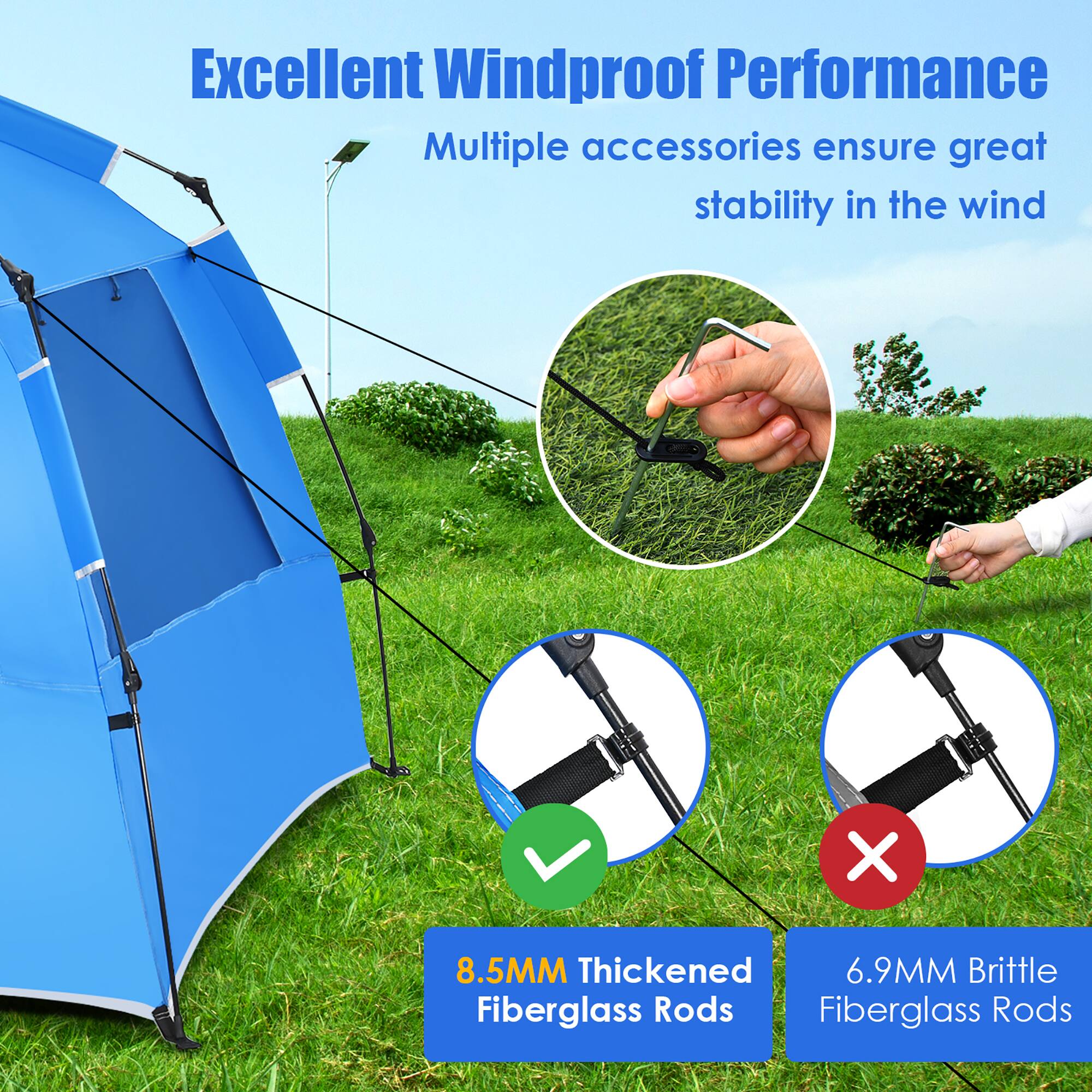 Excellent Windproof Performance: Multiple accessories ensure great stability in the wind. X 8.5MM Thickened 6.9MM Brittle Fiberglass Rods. Fiberglass Rods.