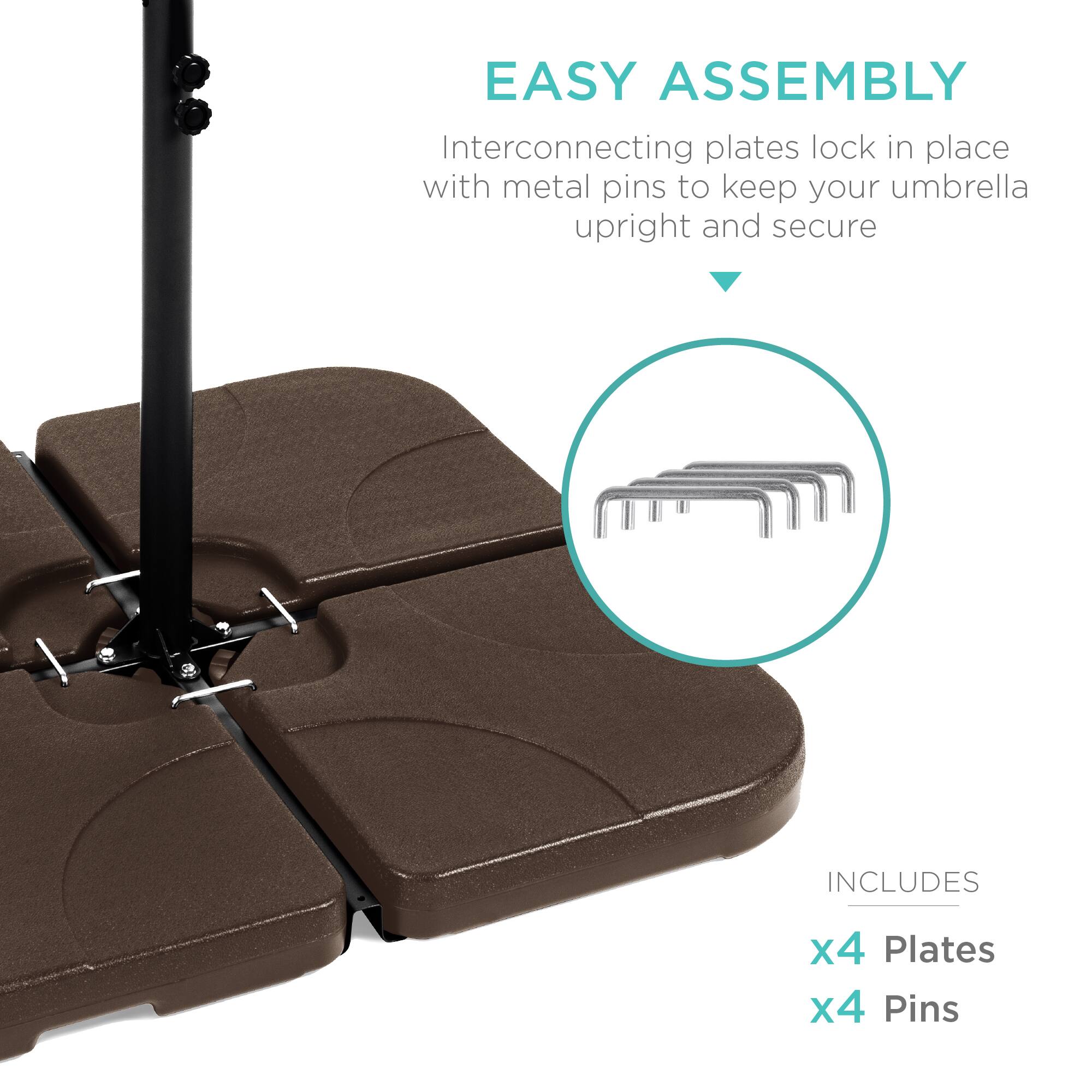 EASY ASSEMBLY  
Interconnecting plates lock in place with metal pins to keep your umbrella upright and secure  

INCLUDES  
x4 Plates  
x4 Pins