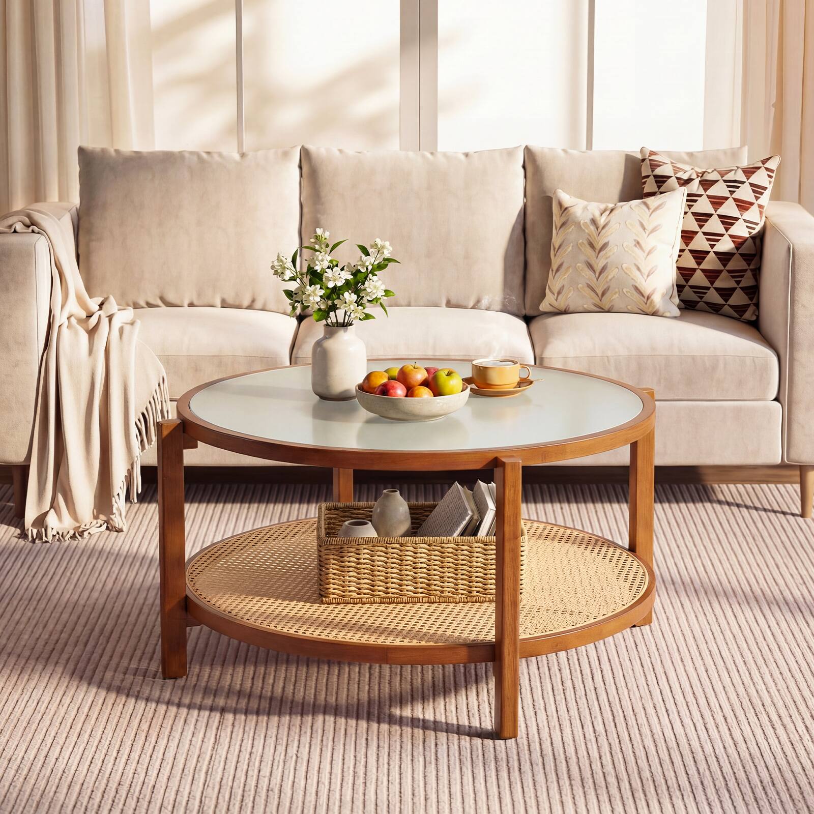 Alt View 1. Gymax - Gymax Rattan Coffee Table 2-Tier Wooden Center Table w/ Frosted Tempered Glass Top - Brown.