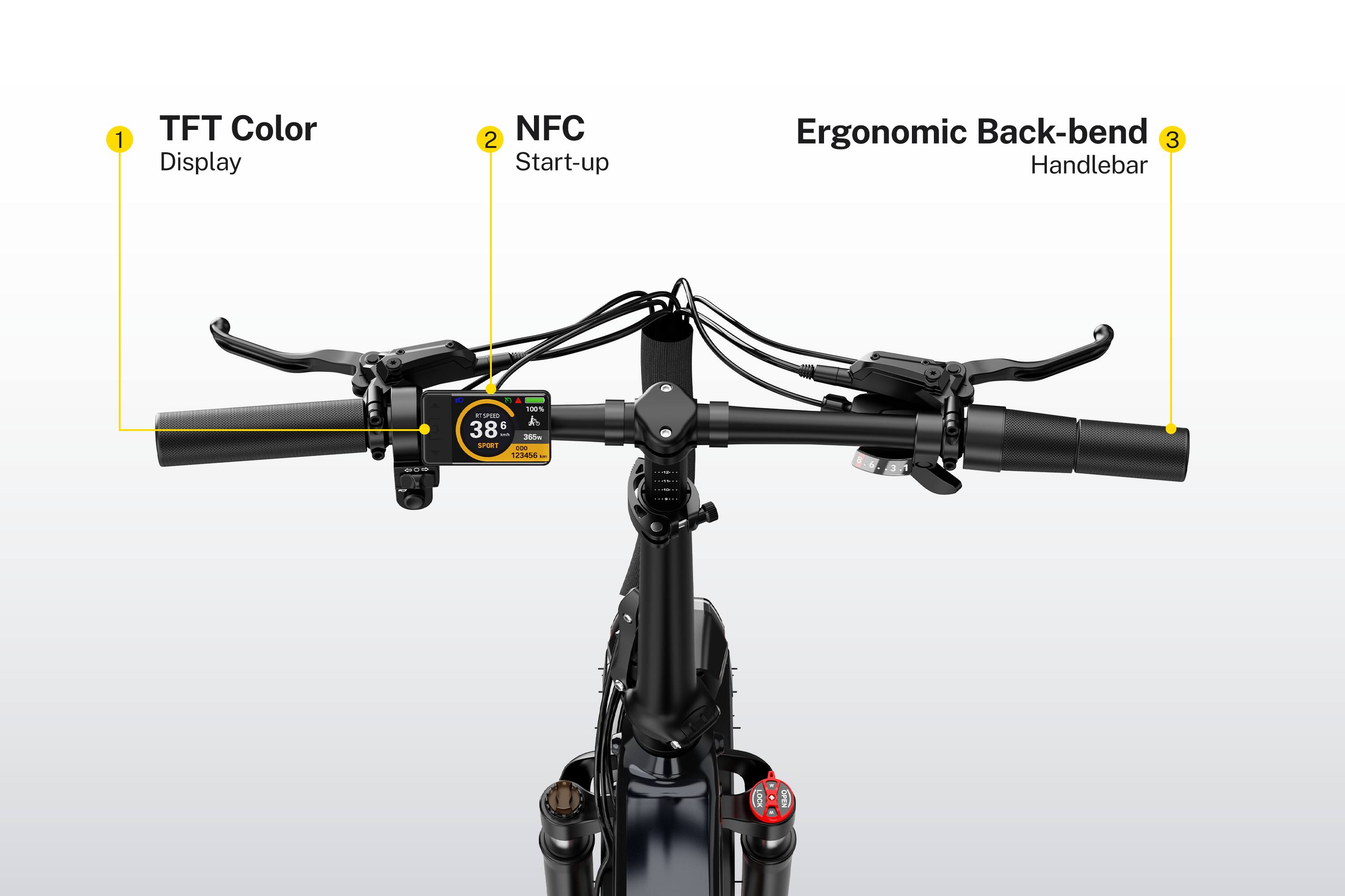 1. TFT Color Display  
2. NFC Start-up  
3. Ergonomic Back-bend Handlebar  

100% RiSPORO  
A 38 - 350m  
SPERTT - 1234M6
