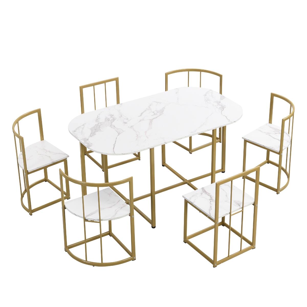 Alt View 7. Loheer - Loheer 7 Piece Dining Set for 6, 53.5 Inch Faux Marble White Table, Modern Black and Gold Chairs - Black and Faux Marble White.