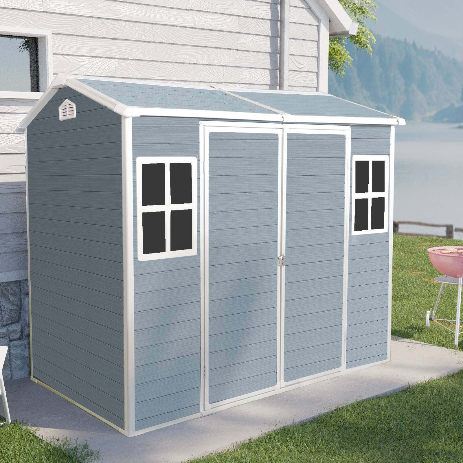 Angle. Mondawe - 4x8ft Resin Outdoor Storage Shed with Two-Window and Double-Door - Grey.