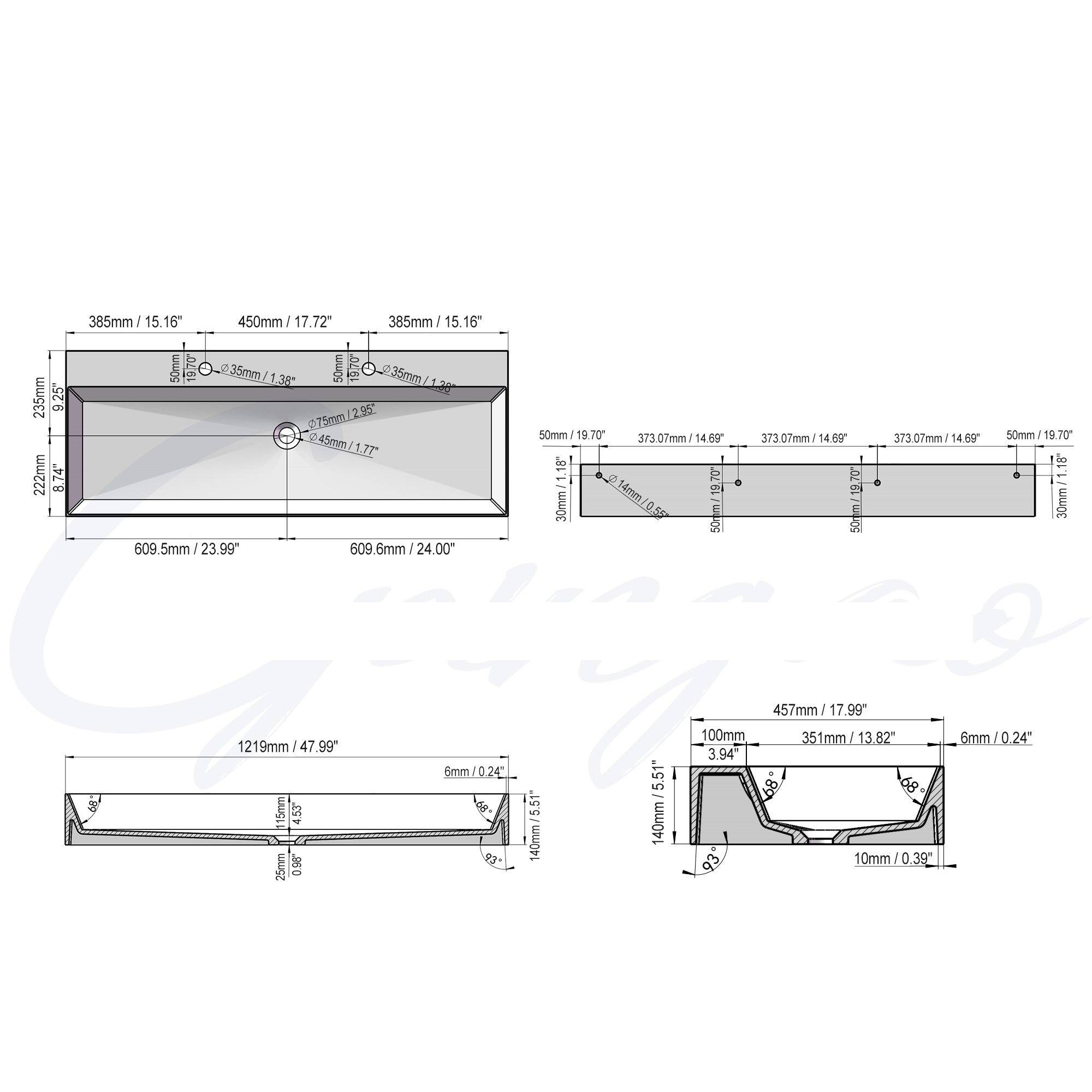 Sure, here is the corrected and grouped text from the image:

**Top Left Diagram:**
- 385mm / 15.16"
- 450mm / 17.72"
- 385mm / 15.16"
- 225mm / 8.86"
- 50mm / 1.97"
- 0.75mm / 0.03"
- 45mm / 1.77"
- 609.5mm / 23.99"
- 609.6mm / 24.00"
- 50mm / 1.97"
- 373.07mm / 14.69"
- 373.07mm / 14.69"
- 50mm / 1.97"
- 1219mm / 47.99"
- 222mm / 8.74"
- 235mm / 9.25"
- 30mm / 1.18"
-