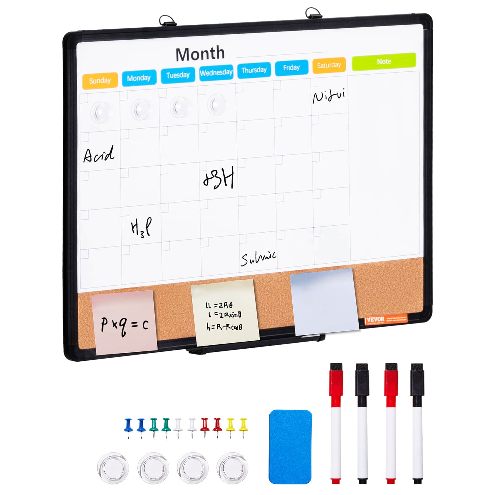 VEVOR - 24"x 18" Monthly Calendar Whiteboard & Cork Board Combo with Aluminum Frame - Black