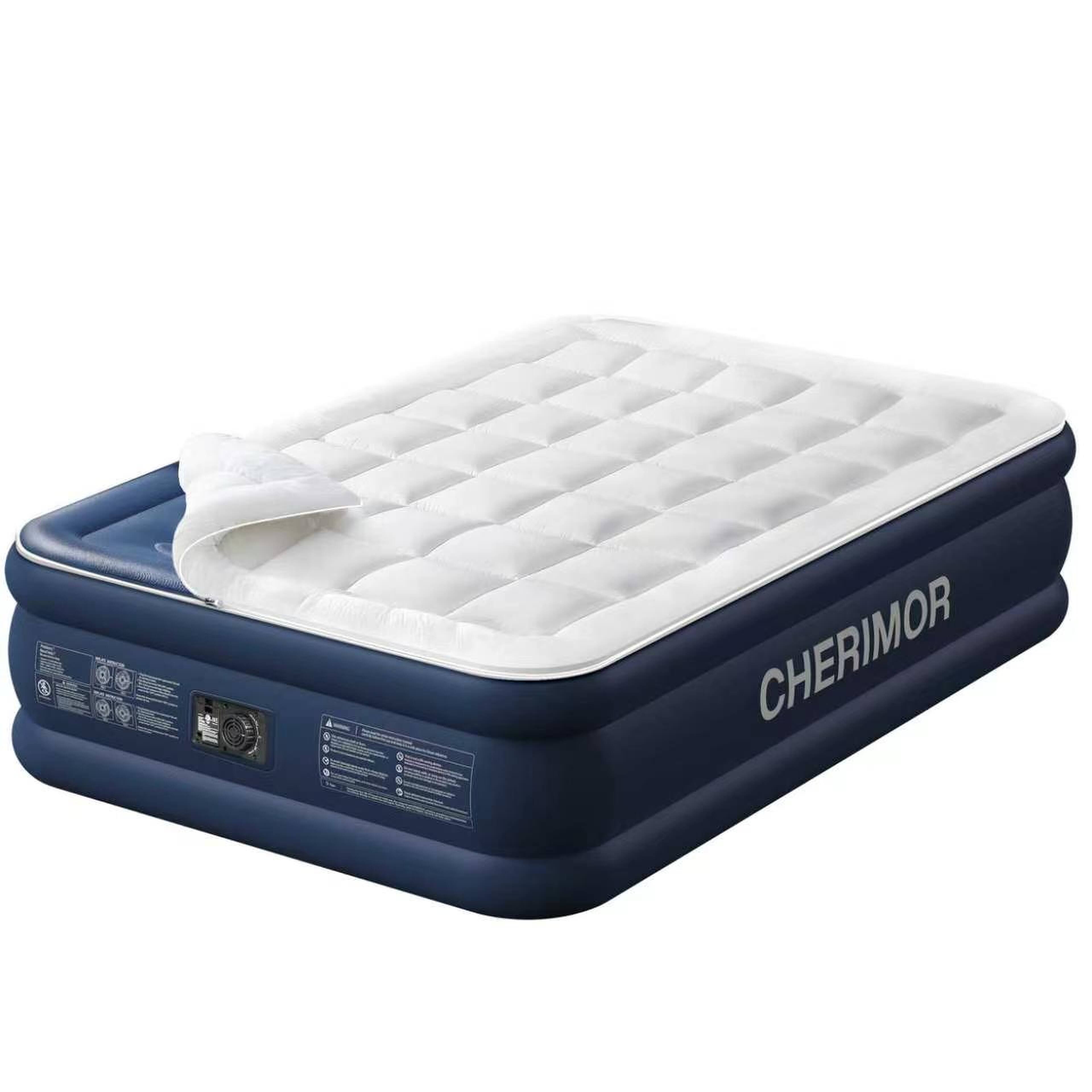 Front. Cherimor - CHERIMOR 20" Queen Air Mattress, Built-In Pump, Raised, Auto Inflate, Carrying Case, 800 lb Capacity, Blue - Blue.