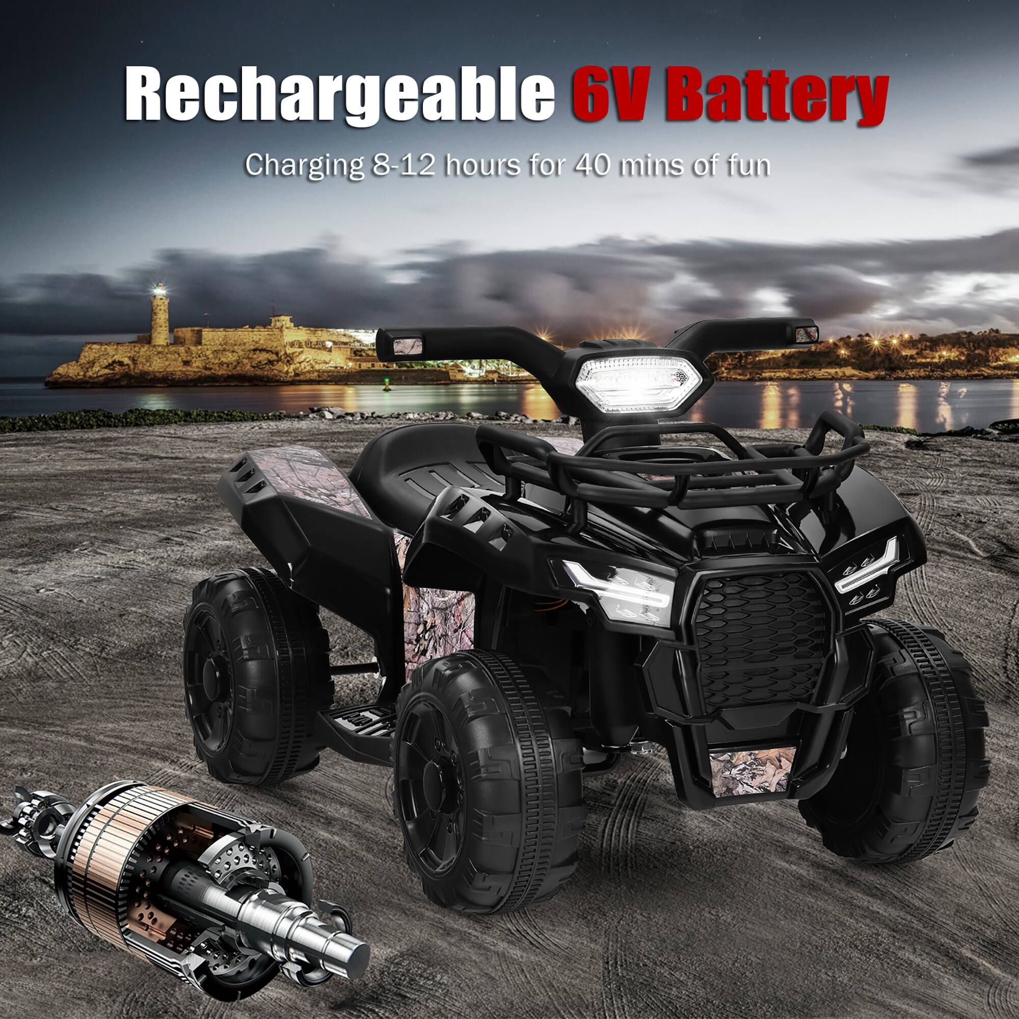 Rechargeable 6V Battery  
Charging 8-12 hours for 40 mins of fun