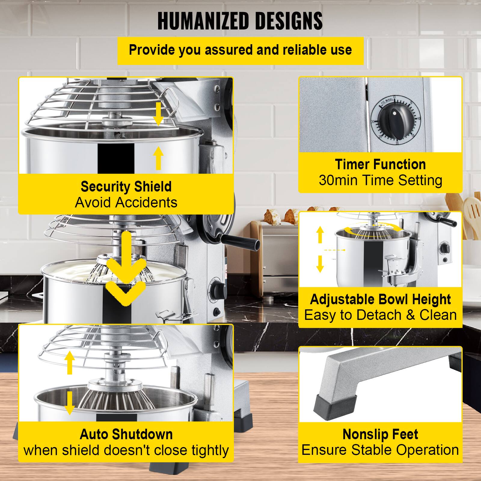 HUMANIZED DESIGNS  
Provide you assured and reliable use

- Security Shield  
  Avoid Accidents

- Timer Function  
  30min Time Setting

- Adjustable Bowl Height  
  Easy to Detach & Clean

- Auto Shutdown  
  when shield doesn't close tightly

- Nonslip Feet  
  Ensure Stable Operation