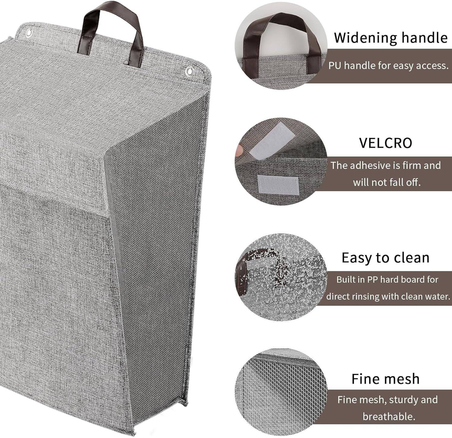 - Widening handle: PU handle for easy access.
- VELCRO: The adhesive is firm and will not fall off.
- Easy to clean: Built in PP hard board for direct rinsing with clean water.
- Fine mesh: Fine mesh, sturdy and breathable.