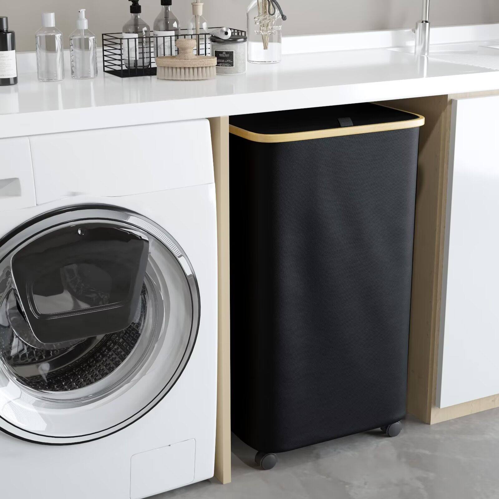 Alt View 1. Tooloton - Rolling Laundry Hamper with Lid, 26 Gallon (100L) Clothes Basket, Bamboo Handle, Large Storage - Black - Black.