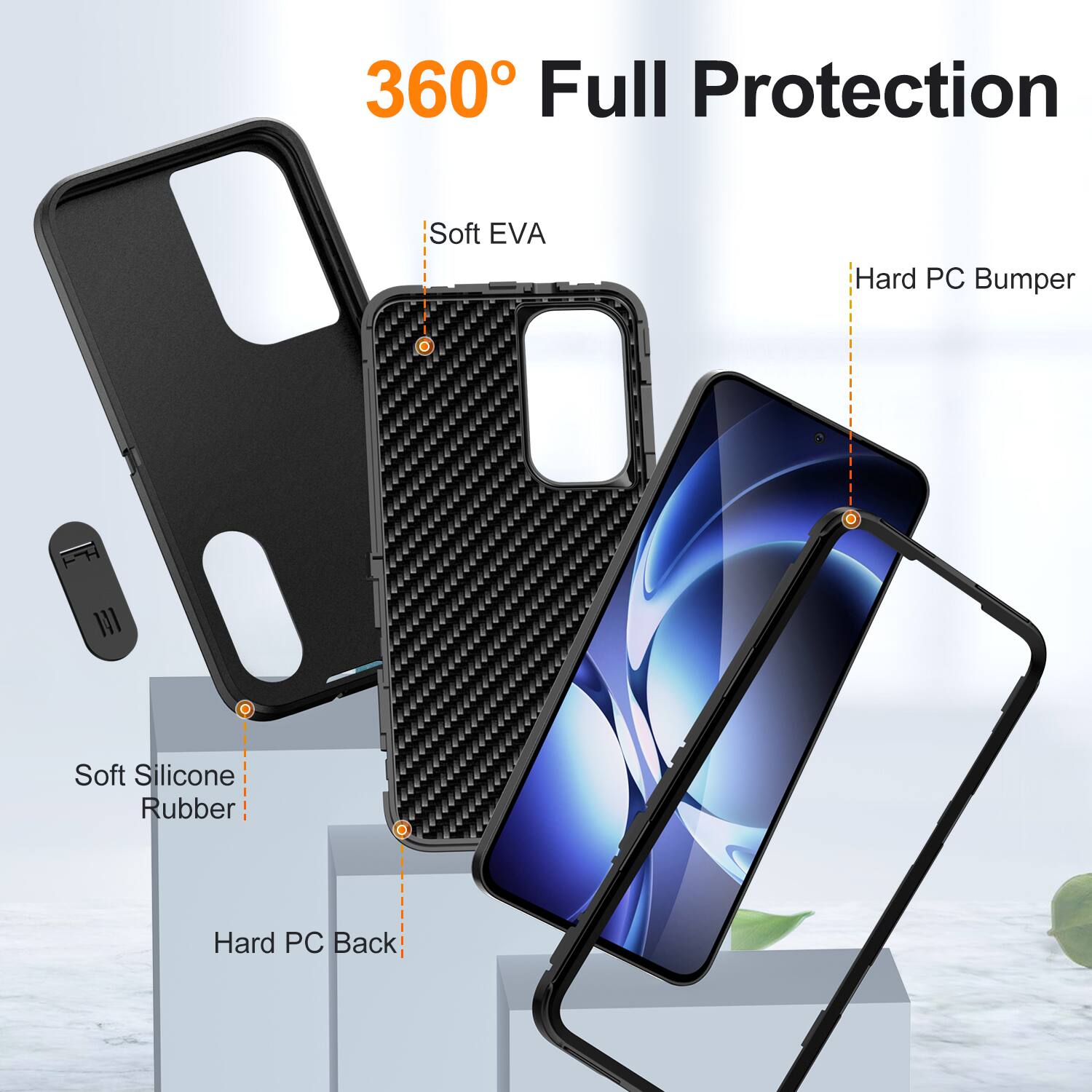 360° Full Protection

- Soft EVA
- Hard PC Bumper
- Soft Silicone Rubber
- Hard PC Back
