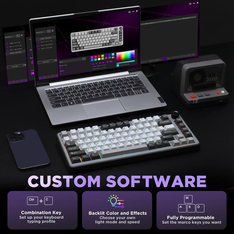 - CUSTOM SOFTWARE
- Ctrl + Combination Key: Set up your keyboard typing profile
- Backlit Color and Effects: Choose your own light mode and speed
- Fully Programmable: Set the marco keys you want