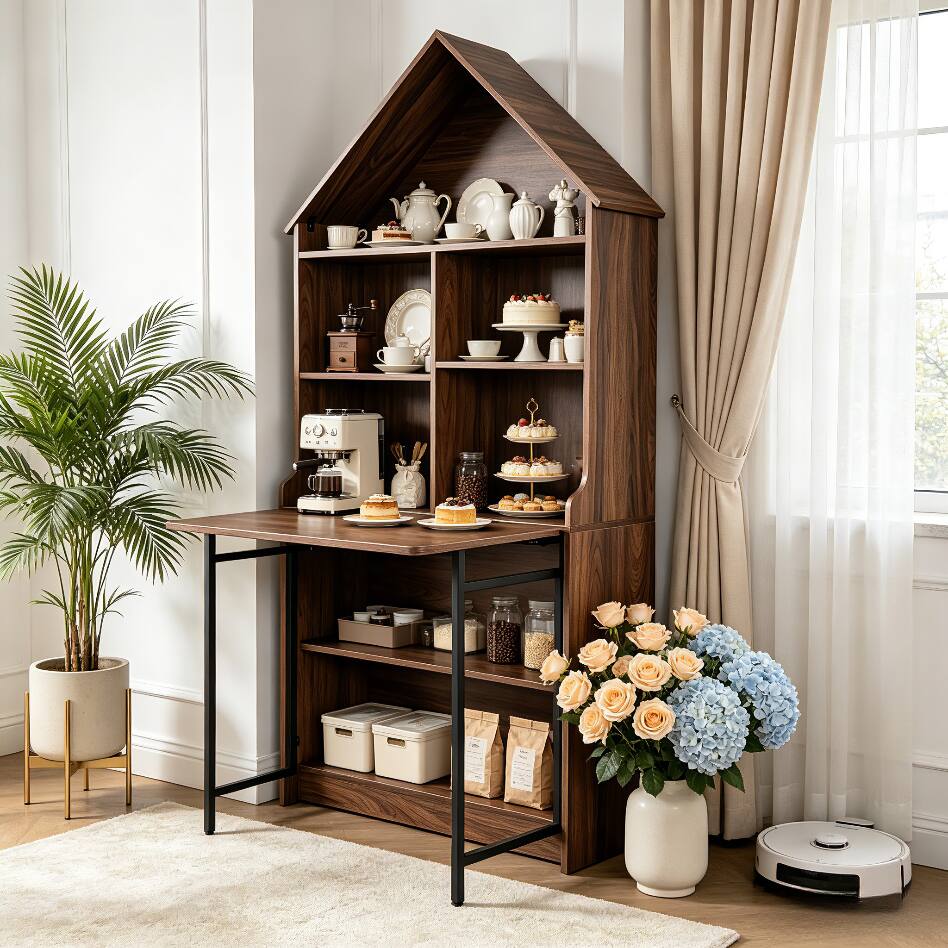 Alt View 8. Bestier - Bookcase with Fold Out Desk, 73in Tall Arched Foldable Convertible Writing Table, Space-Saving Storage Cabinet - Walnut.