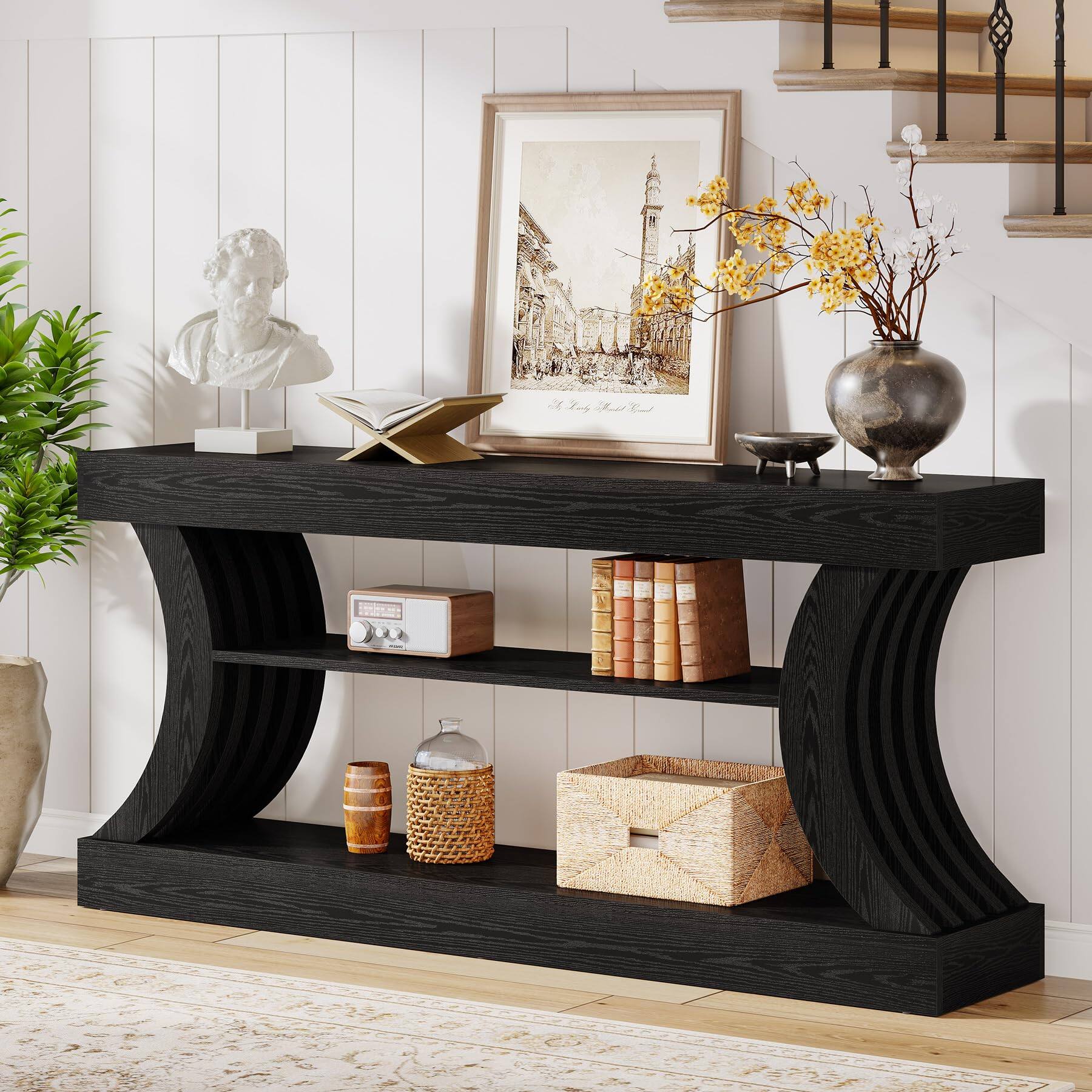 Back. Tribesigns - 70.9-Inch Long Farmhouse Entryway Console Table with Storage - Black.