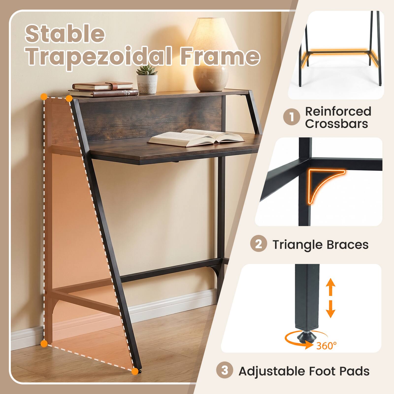 Stable Trapezoidal Frame  
1. Reinforced Crossbars  
2. Triangle Braces  
3. Adjustable Foot Pads
