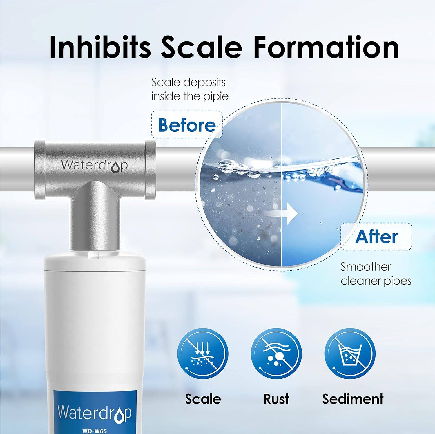 Inhibits Scale Formation

Scale deposits inside the pipie

Before

Waterdrop WD-W65

After

Smoother cleaner pipes

Scale

Rust

Sediment