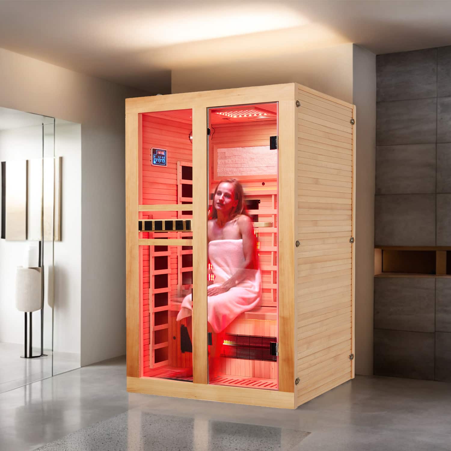 U HOMY Premium 2 Person Canadian Hemlock Infrared Sauna with Red