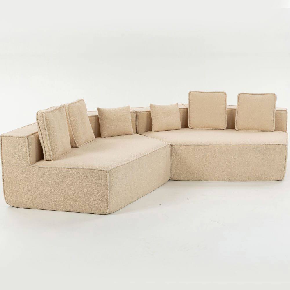 Angle. Kadyn - 132" Oversized Teddy Modular Sofa - Full-Foam Couch with 6 Pillows, High-Density Support for Family Living Rooms - Beige.