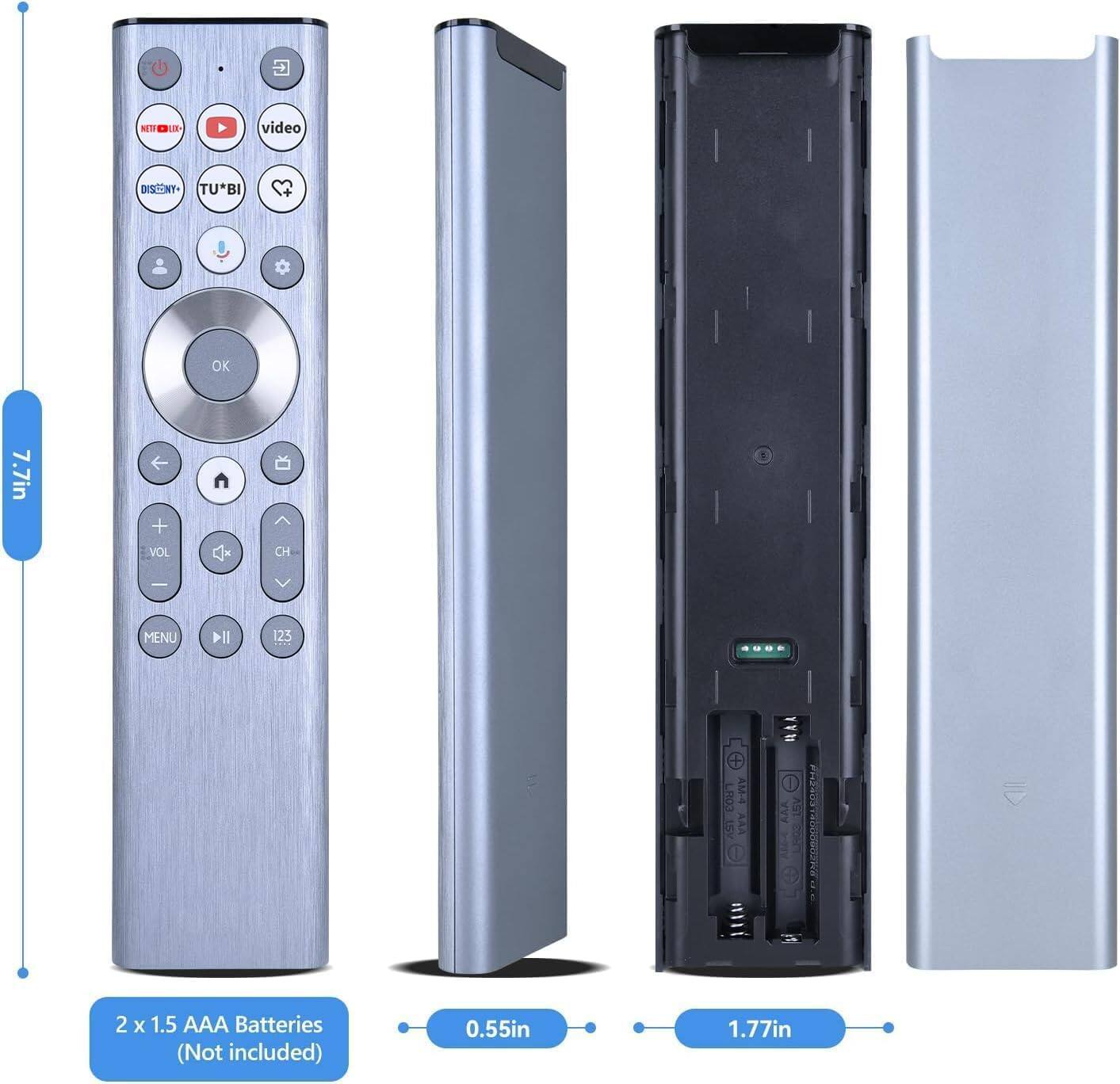 MT 10 4 video DISENY TU*BI OK 7.7in + VOL CH | MENU 114 123 LH03 AM-4 ST VYY 0 SA AST I L8CO | TRONS 2 x 1.5 AAA Batteries (Not included) 0.55in 1.77in