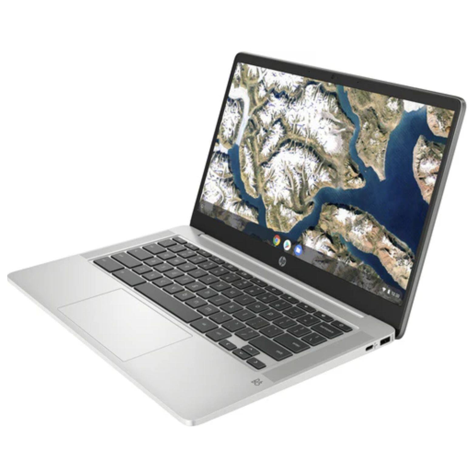 Alt View 1. HP - Chromebook 14a-na0701ds 14" Intel Celeron N4120 1.10 GHz up to 2.6 GHz 4GB RAM 128GB eMMC ChromeOS - Mineral Silver.