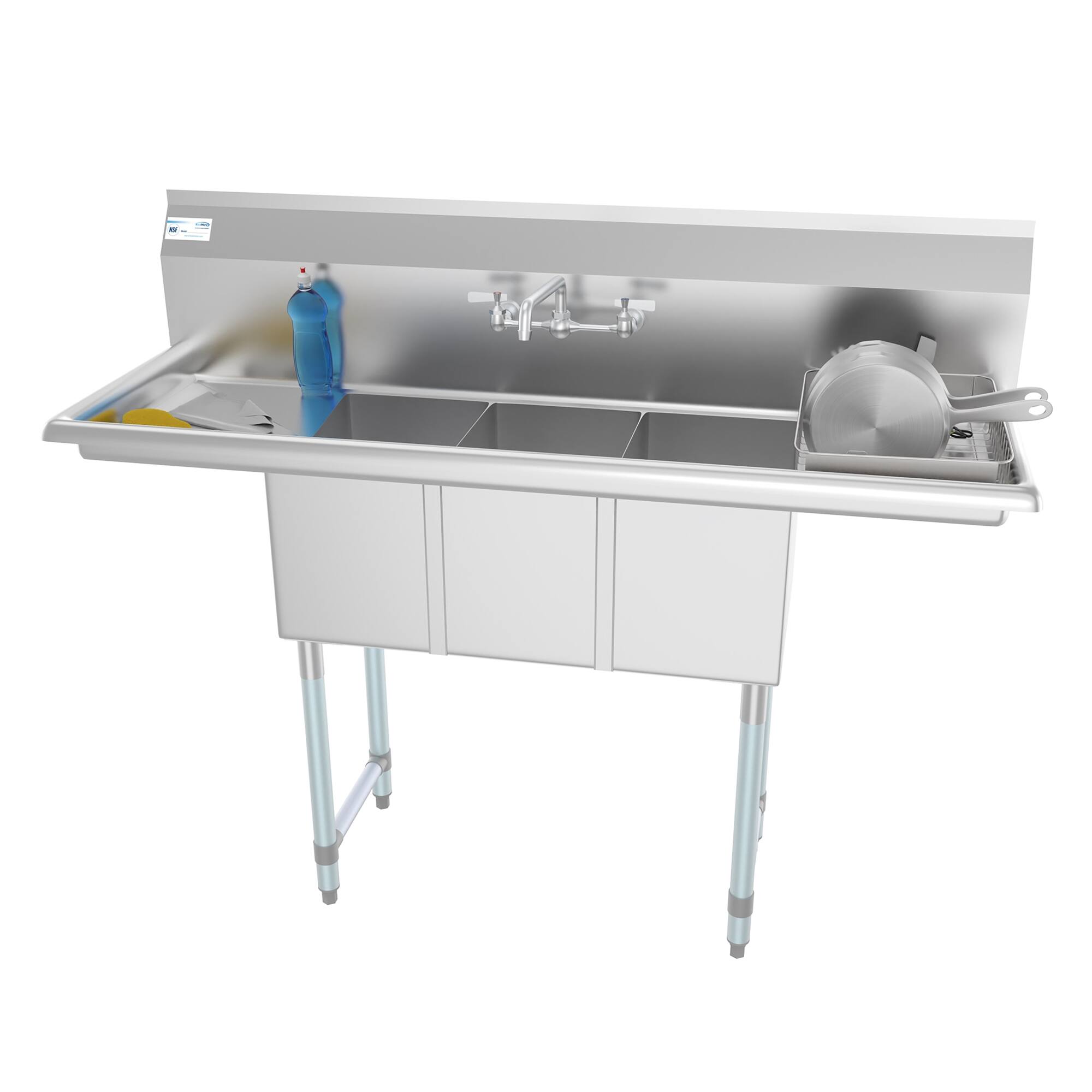 "Koolmore - 54 in. Three Compartment Sink with Faucet and Drainboards, Bowl Size 10""x 10""x 14"" - Stainless Steel" price history on PriceWatchPro