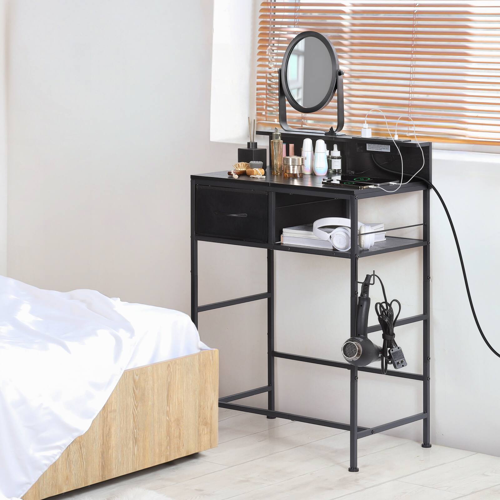 Alt View 1. Oumilen - Vanity Table with Charging Station and Drawer,Black - Black.