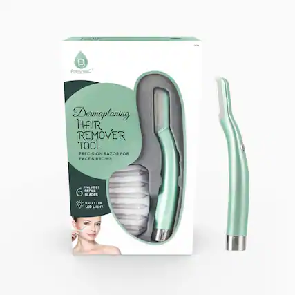 PURSONIC Dermaplaning HAIR REMOVER TOOL PRECISION RAZOR FOR FACE & BROWS INCLUDES 6 REFILL BLADES BUILT-IN LED LIGHT