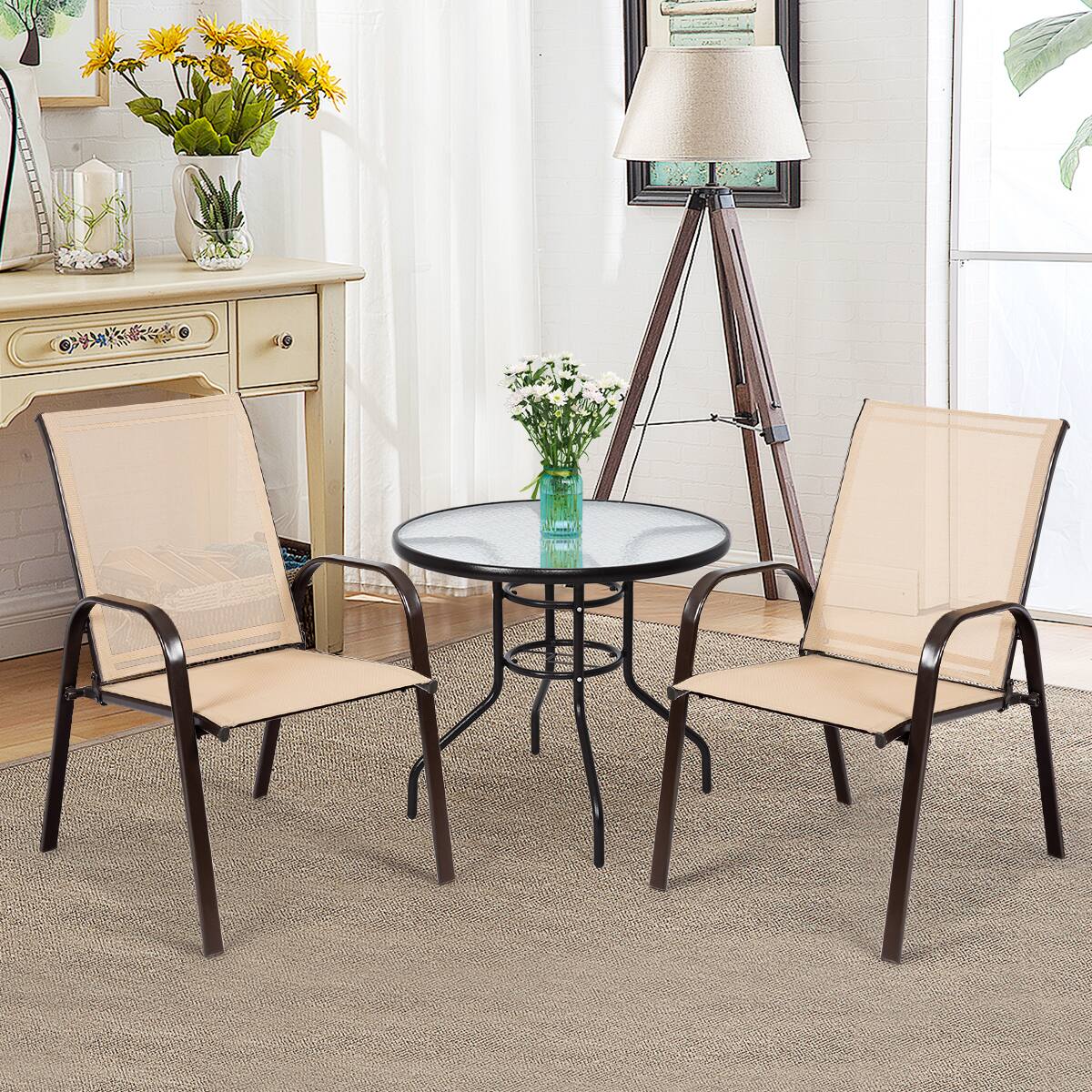 Alt View 2. Costway - Costway 2PCS Patio Chairs Dining Chair Deck Yard W/Armrest - Beige.