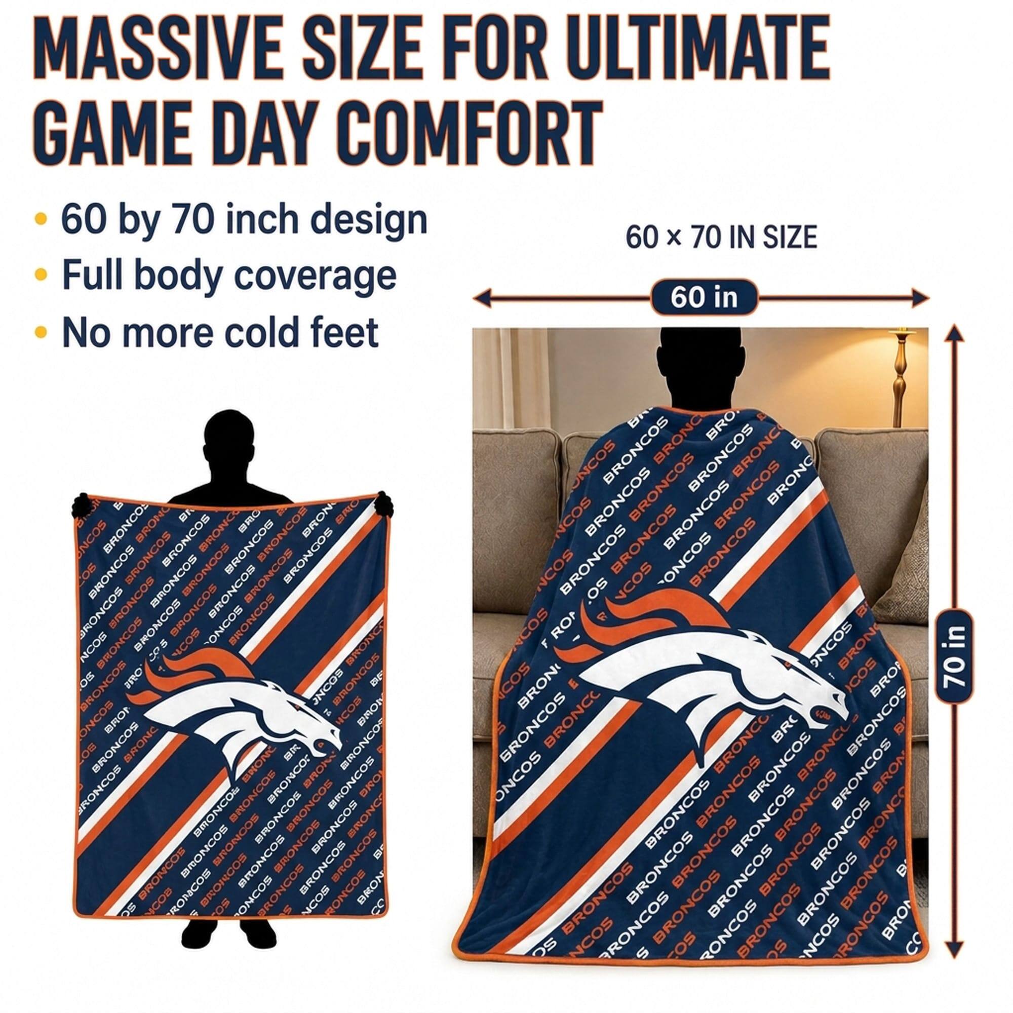 MASSIVE SIZE FOR ULTIMATE GAME DAY COMFORT  
60 by 70 inch design  
Full body coverage  
No more cold feet  

60 x 70 IN SIZE  
60 in  
70 in