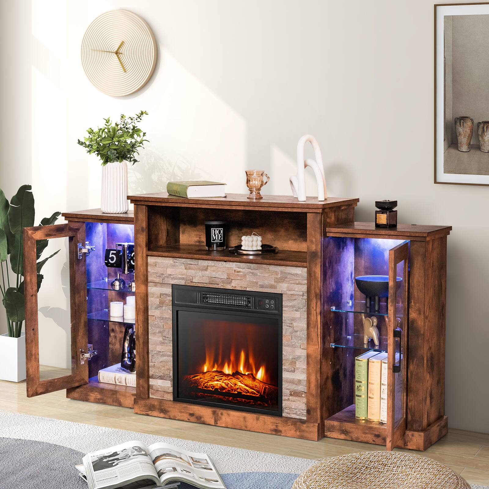 Angle. SlickBlue - Modern TV Stand with Fireplace Insert and 16-Color LED Light Entertainment Center - Brown.
