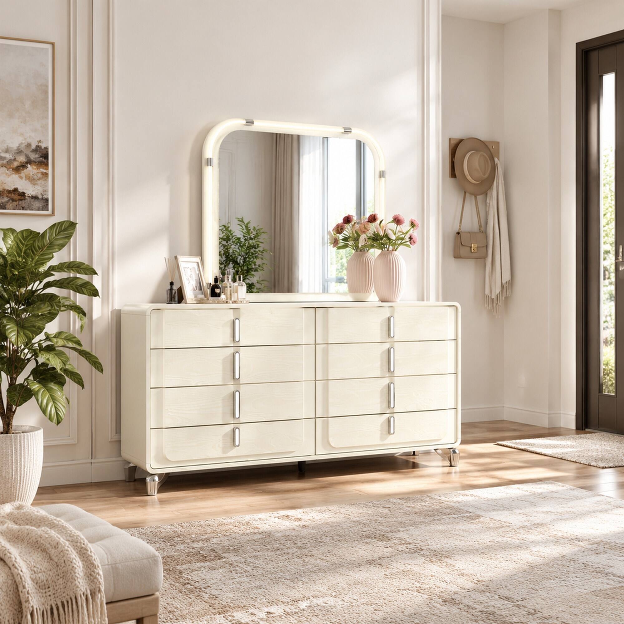 Left. RYHNUYNE - Beige LED Dresser Mirror, Large Rounded Edges, Impact Resistant Glass, Contemporary Bedroom Vanity - Beige.