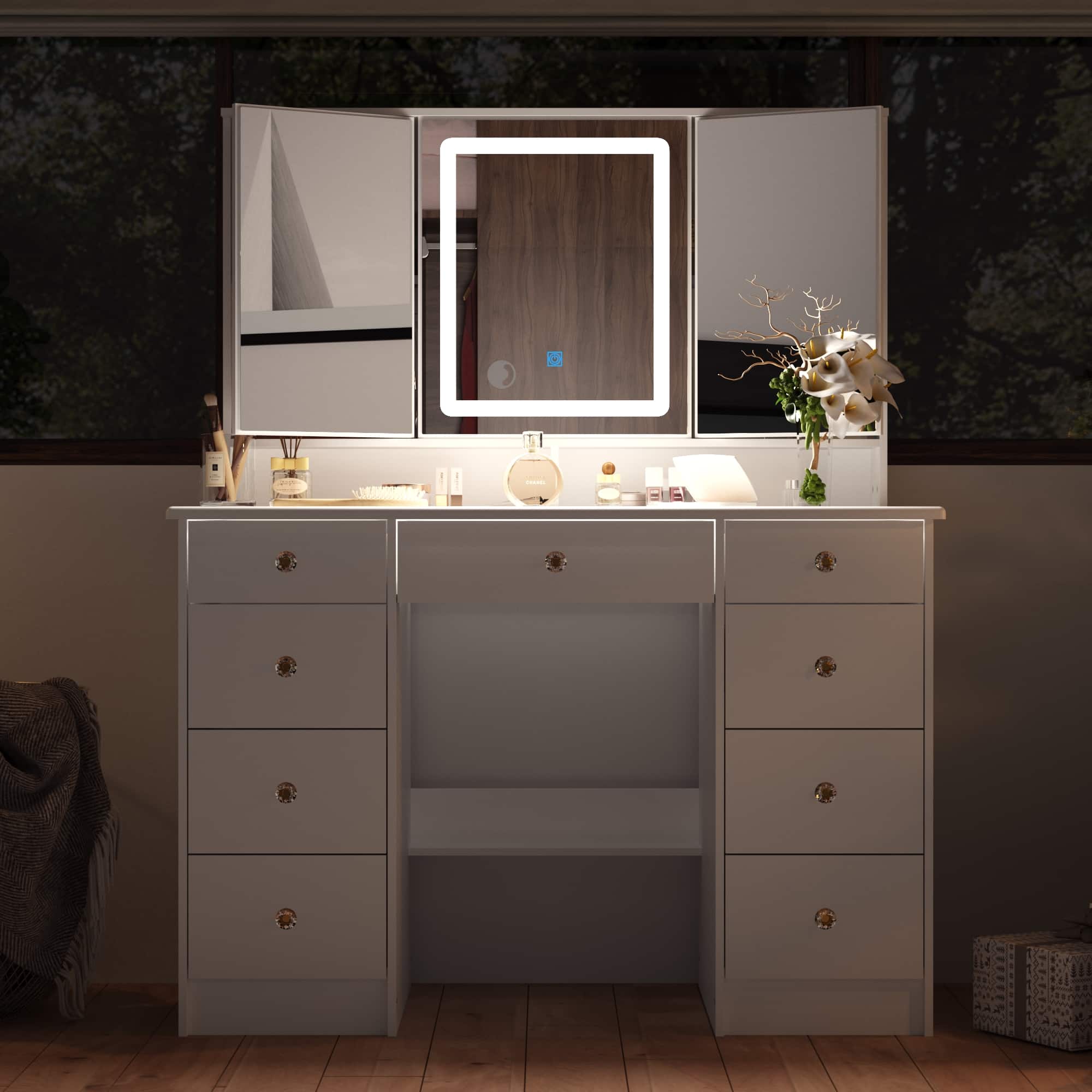 Front. Famapy - LED Lighted Makeup Vanity Set with 3-Color Adjustable Dimmable Mirror Space-Saving Dressing Table for Small Bedrooms - White.