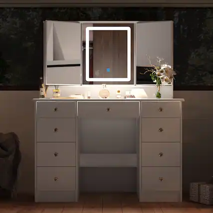 Front. Famapy - LED Lighted Makeup Vanity Set with 3-Color Adjustable Dimmable Mirror Space-Saving Dressing Table for Small Bedrooms - White.