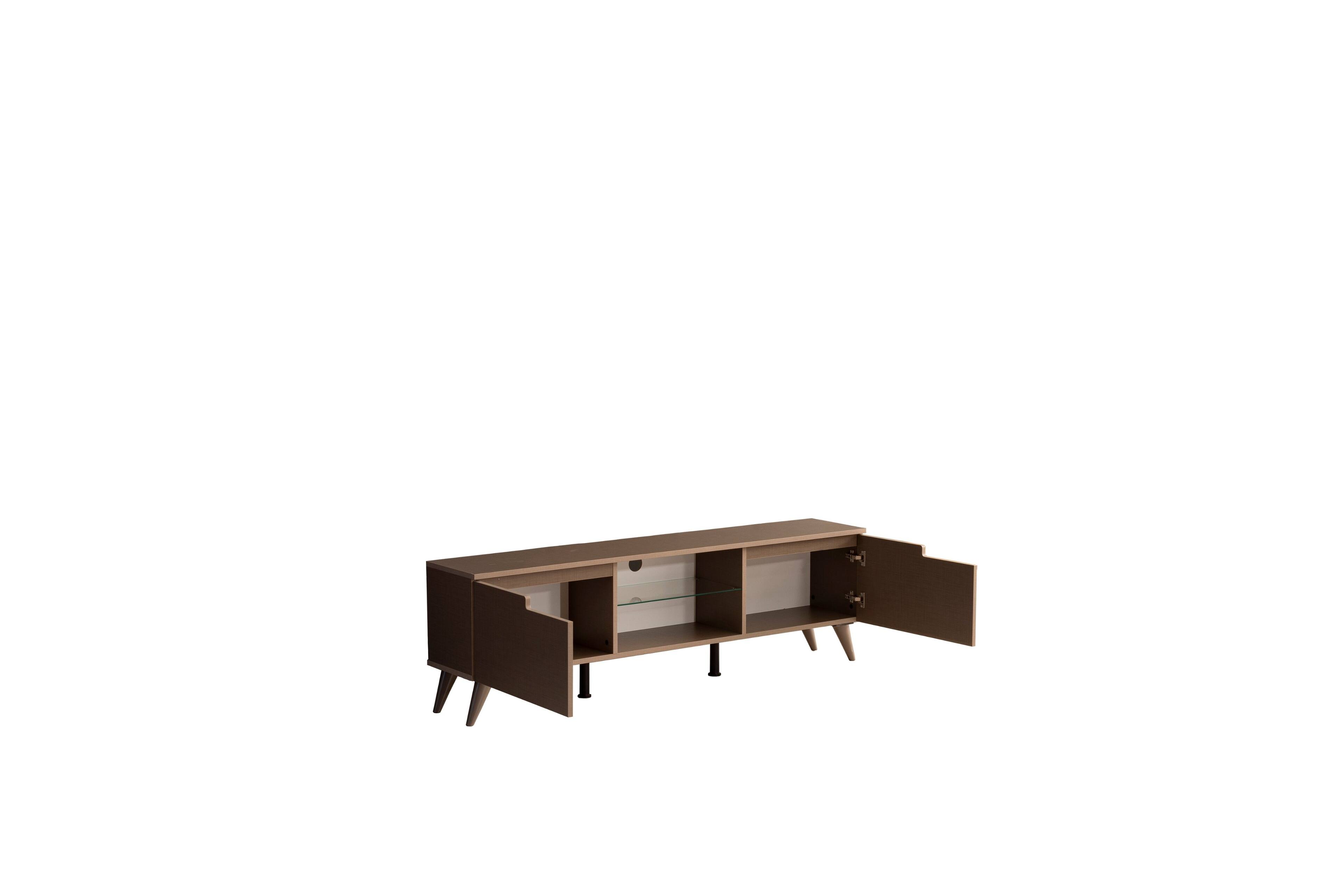 Angle. APRILSOUL - FurnisHome Store Denver Mid Century Modern Tv Stand 2 Door Cabinets 1 Glass Shelf 66 inch Tv Unit Brown - Brown.