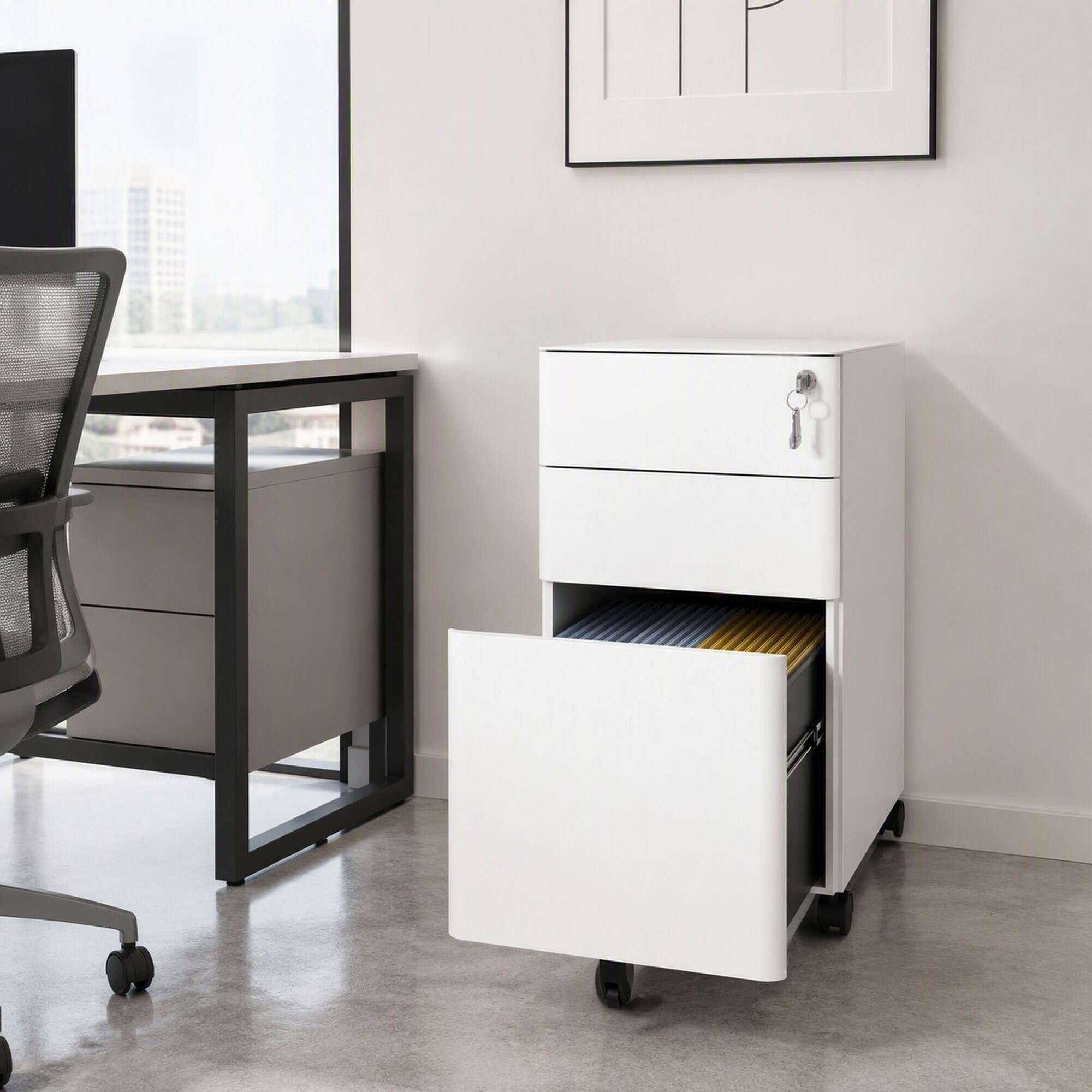 Left. RYHNUYNE - 3-Drawer Mobile File Cabinet Steel Metal Storage with Lock and Wheels for Office Home.