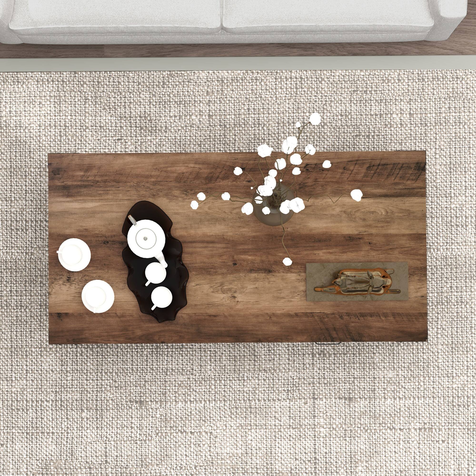 Alt View 4. Homcom - Farmhouse Coffee Table with Storage and Drawer, Rustic Coffee Table for Living Room, Open Shelf - Distressed Gray.