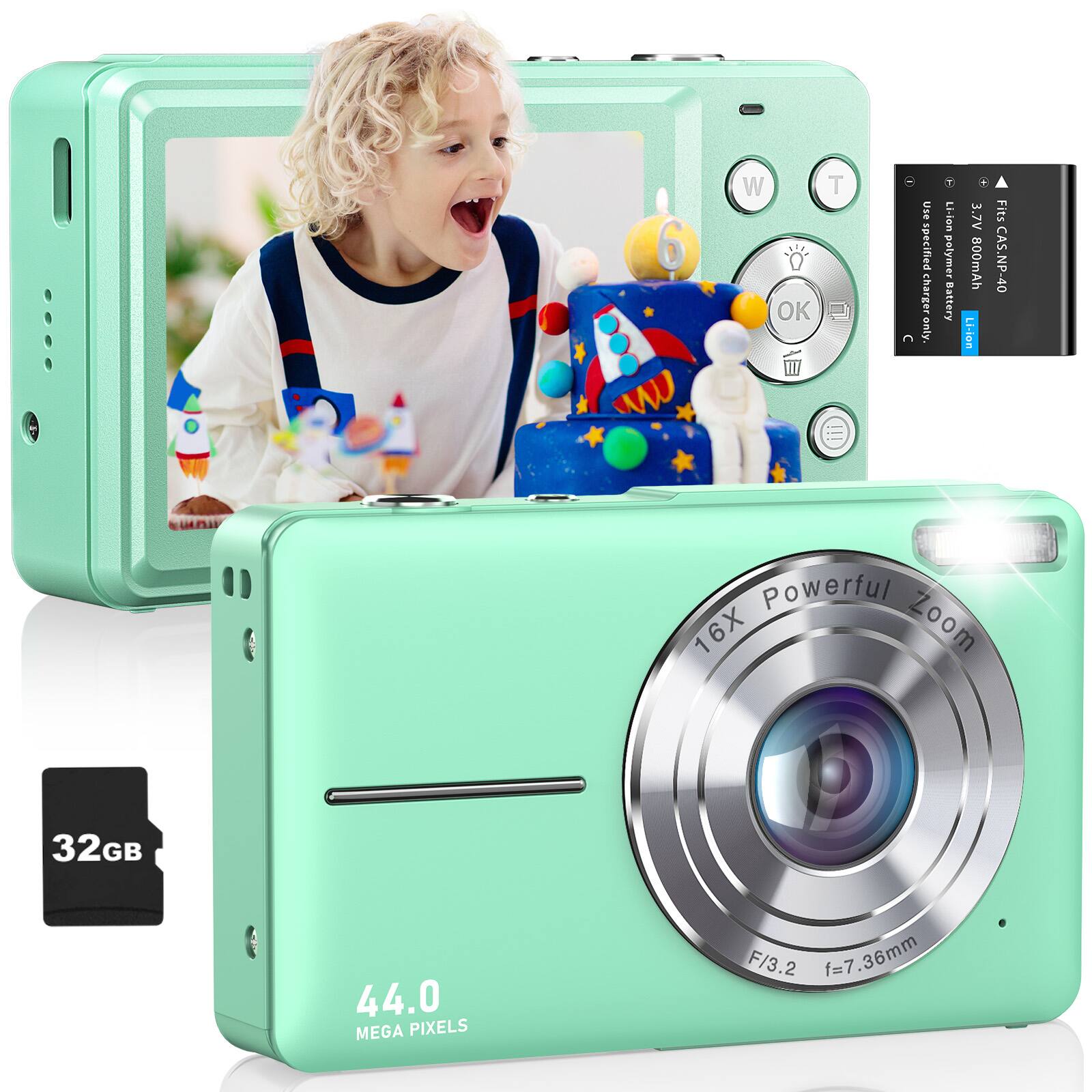 6
W OK 
T
C
Use specified charger only.
Li-ion polymer Battery
3.7V 800mAh Li-ion
Fits CAS.NP-40
Powerful 16X Zoom,
32GB
44.0 MEGA PIXELS
F/3.2 f=7.36mm