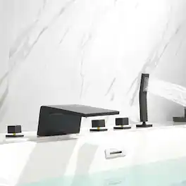 Boyel Living - 7 in.W Black Sloped Bathtub Hot and Cold Water Faucet with Handheld Shower and Waterfall Outlet 5-Hole - Matte Black