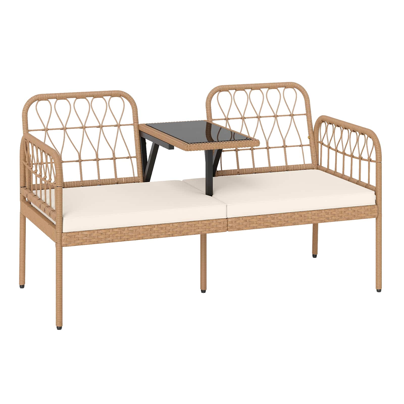 Gymax - PE Rattan Outdoor Loveseat w/Built-in Coffee Table & Soft Cushions for Lawn - White