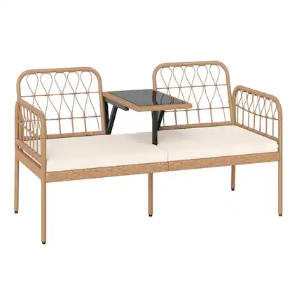 Front. Gymax - Gymax PE Rattan Outdoor Loveseat w/Built-in Coffee Table & Soft Cushions for Lawn - White.